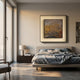 Fiorenze Golden Arch Pattern Textured Square 3D Wall Art by Giant Sculptures displayed above a bed with grey linens in a warm neutral bedroom.