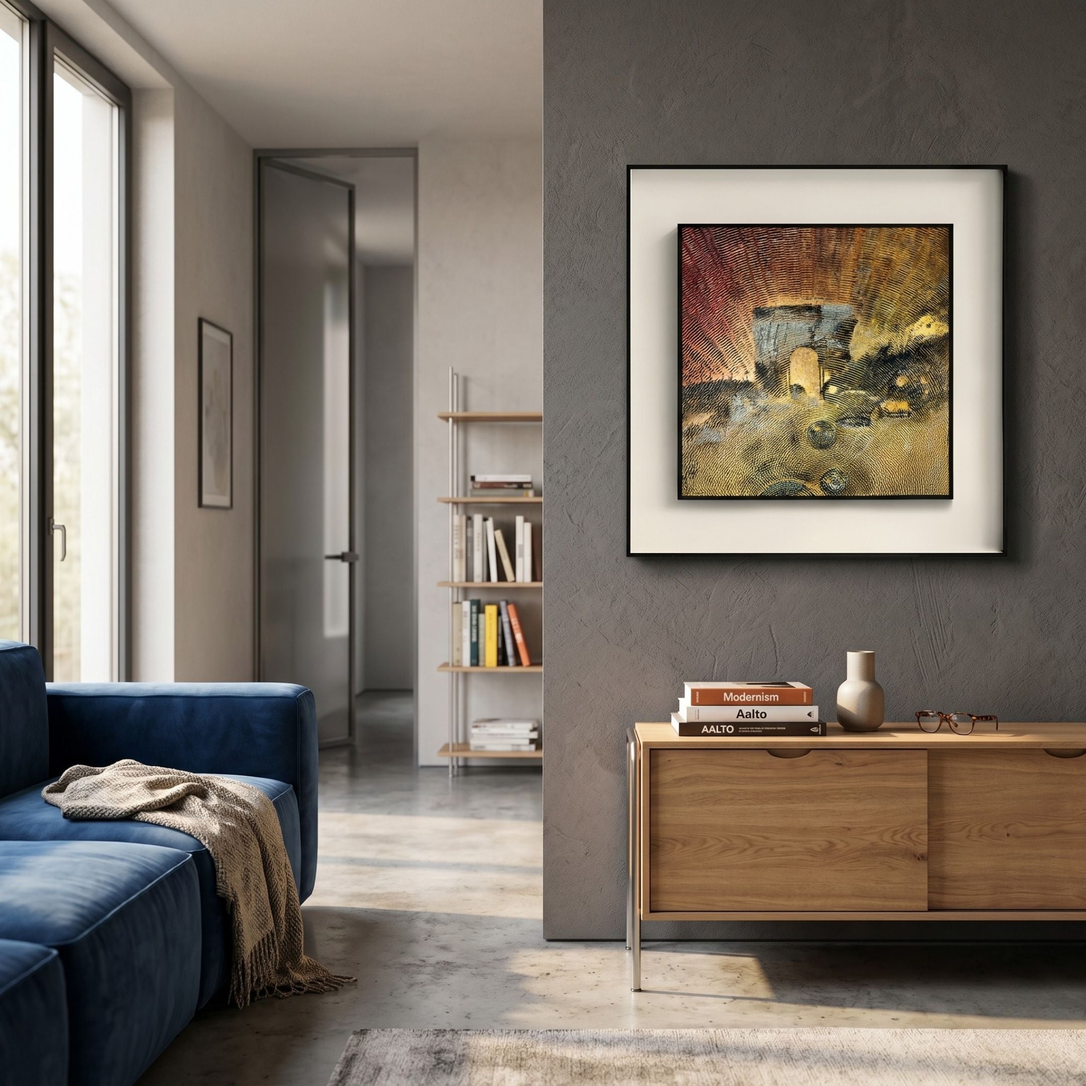 Fiorenze Sunset Archway Golden Rays Square 3D Wall Art by Giant Sculptures, framed above a wooden console in a modern living room with a blue sofa.