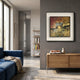 Fiorenze Sunset Archway Golden Rays Square 3D Wall Art by Giant Sculptures, framed above a wooden console in a modern living room with a blue sofa.