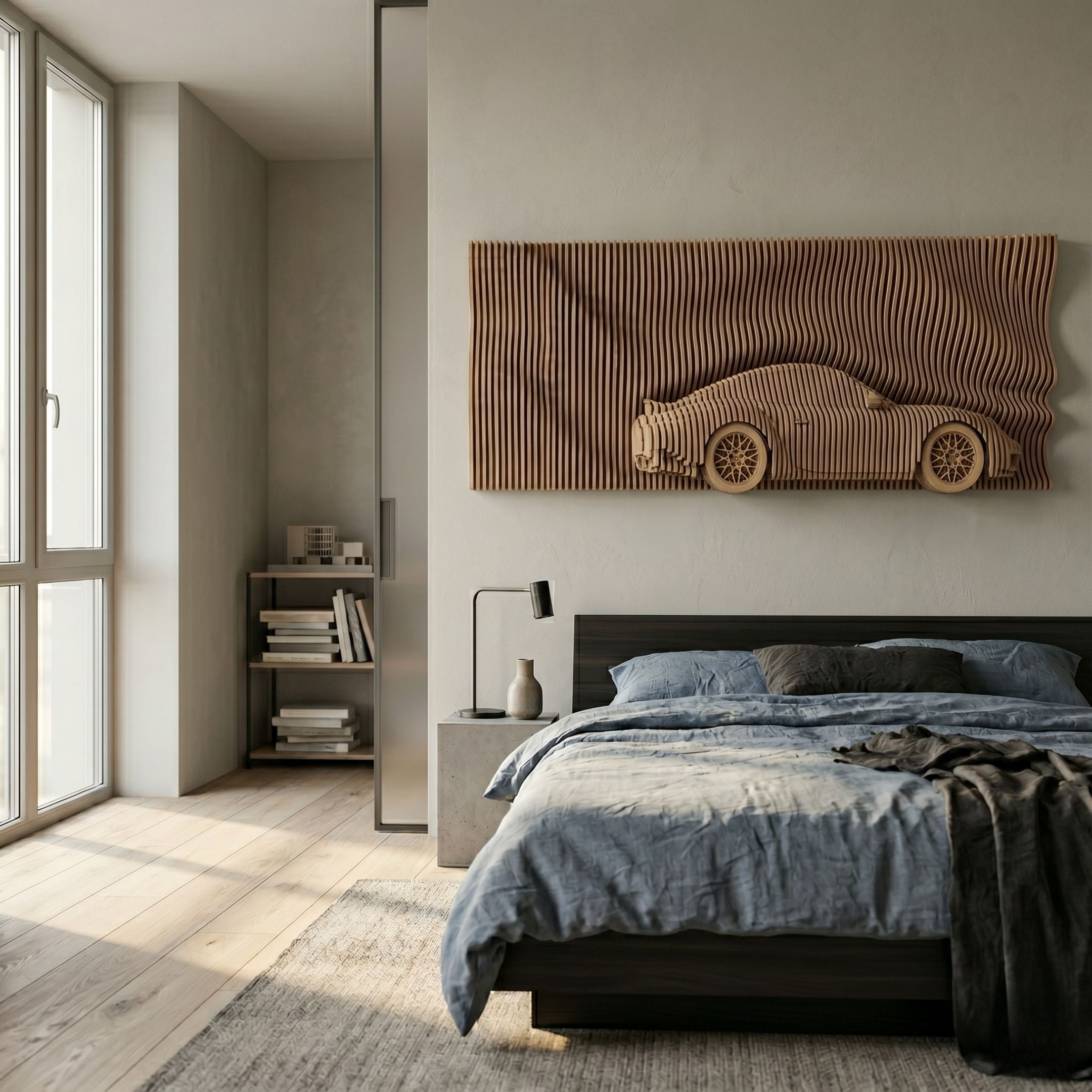Velocedra Wooden Sportscar 3D Relief Wall Art by Giant Sculptures mounted above a dark bed with blue linens in a modern bedroom with wood flooring.