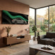 Velocedra Green Gradient Silver Sportscar 3D Relief Wall Art by Giant Sculptures mounted above a walnut sideboard in a modern living room with garden view.