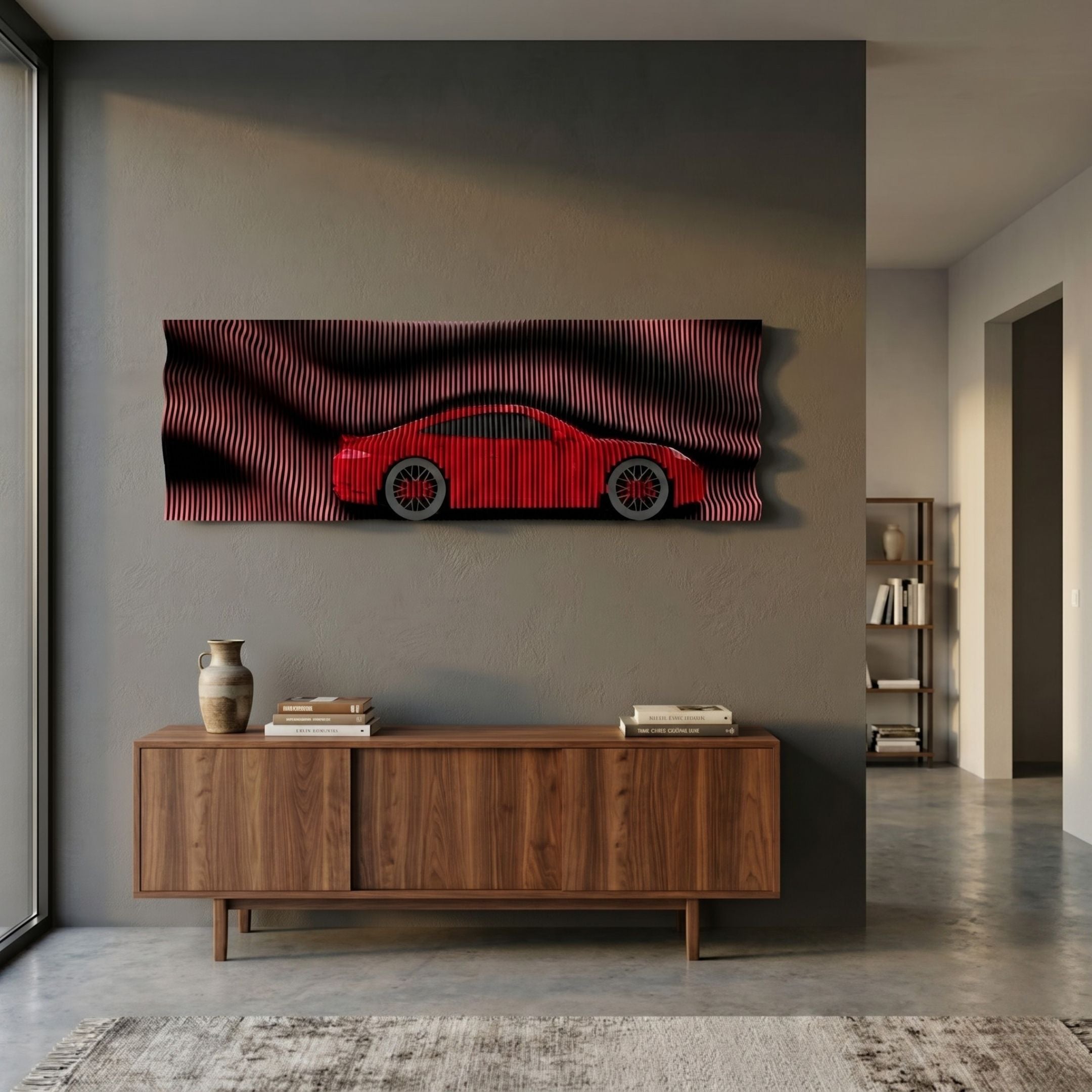 Velocedra Red Sportscar 3D Relief Wall Art mounted above a walnut sideboard in a modern hallway, showing the layered red car against striped backdrop.