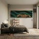 Velocedra Yellow Sportscar 3D Relief Wall Art by Giant Sculptures, displayed above a bookshelf in a modern bedroom with a grey-linen bed and wood floor.