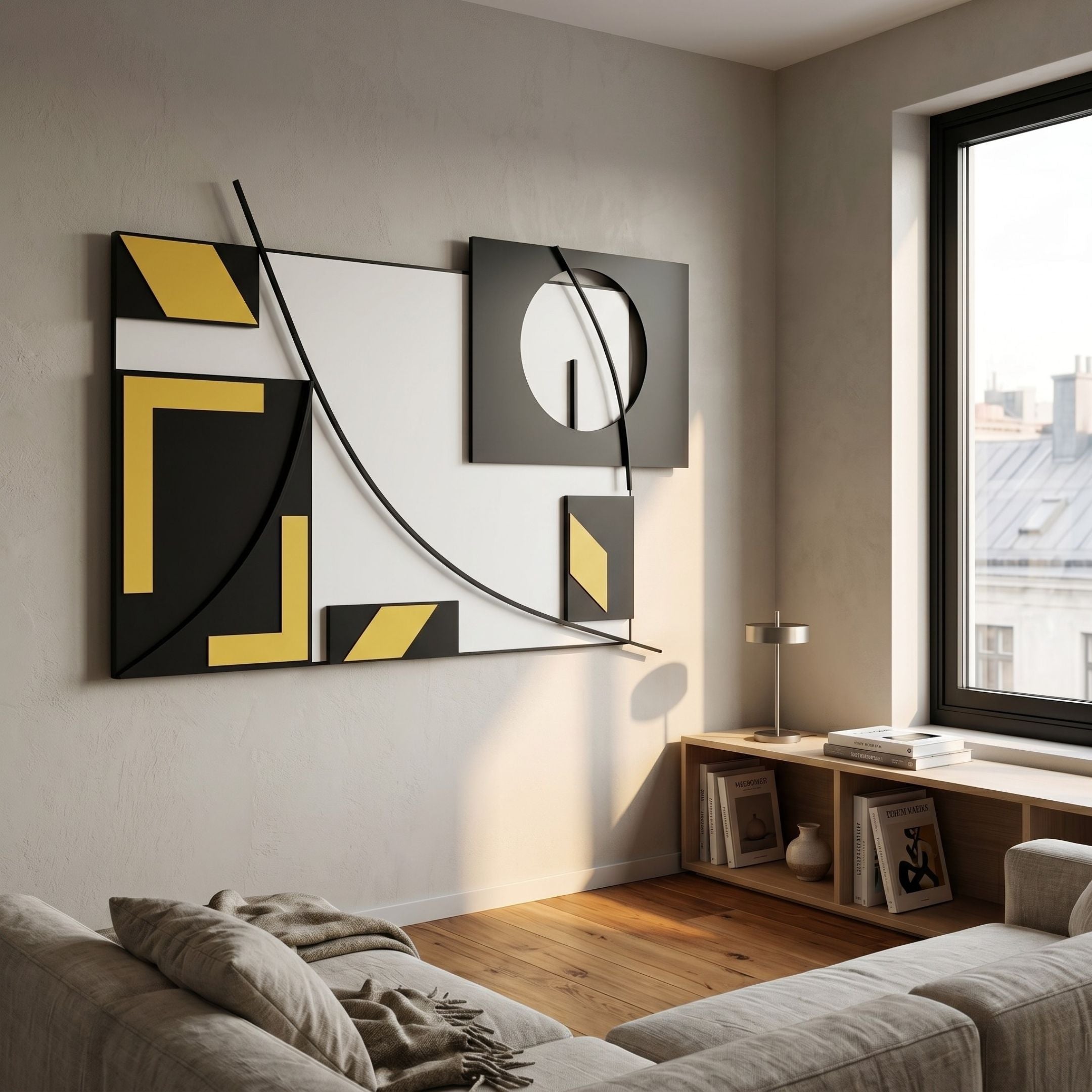 Struktura Yellow & Black Geometric Curve 3D Wall Art by Giant Sculptures mounted above a wooden bookshelf in a sunlit modern living room near a window.