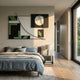 Struktura Green & Black Geometric Curve 3D Wall Art by Giant Sculptures displayed above a wood-framed bed with blue linens in a modern sunlit bedroom.