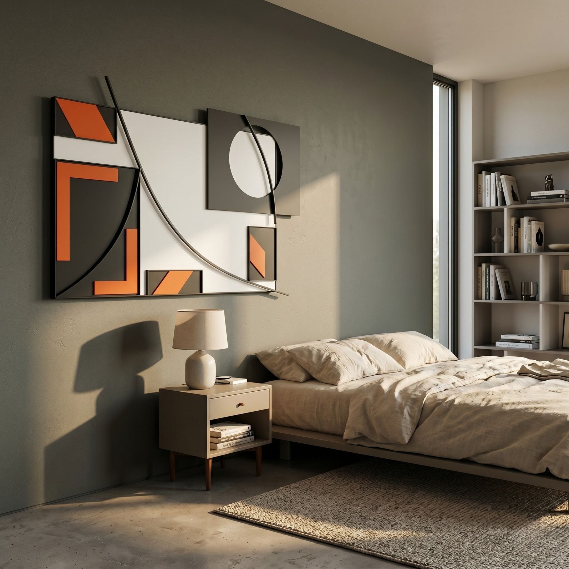 Struktura Red & Black Geometric Curve 3D Wall Art by Giant Sculptures displayed above a bedside table in a modern bedroom with linen bedding and bookshelf.