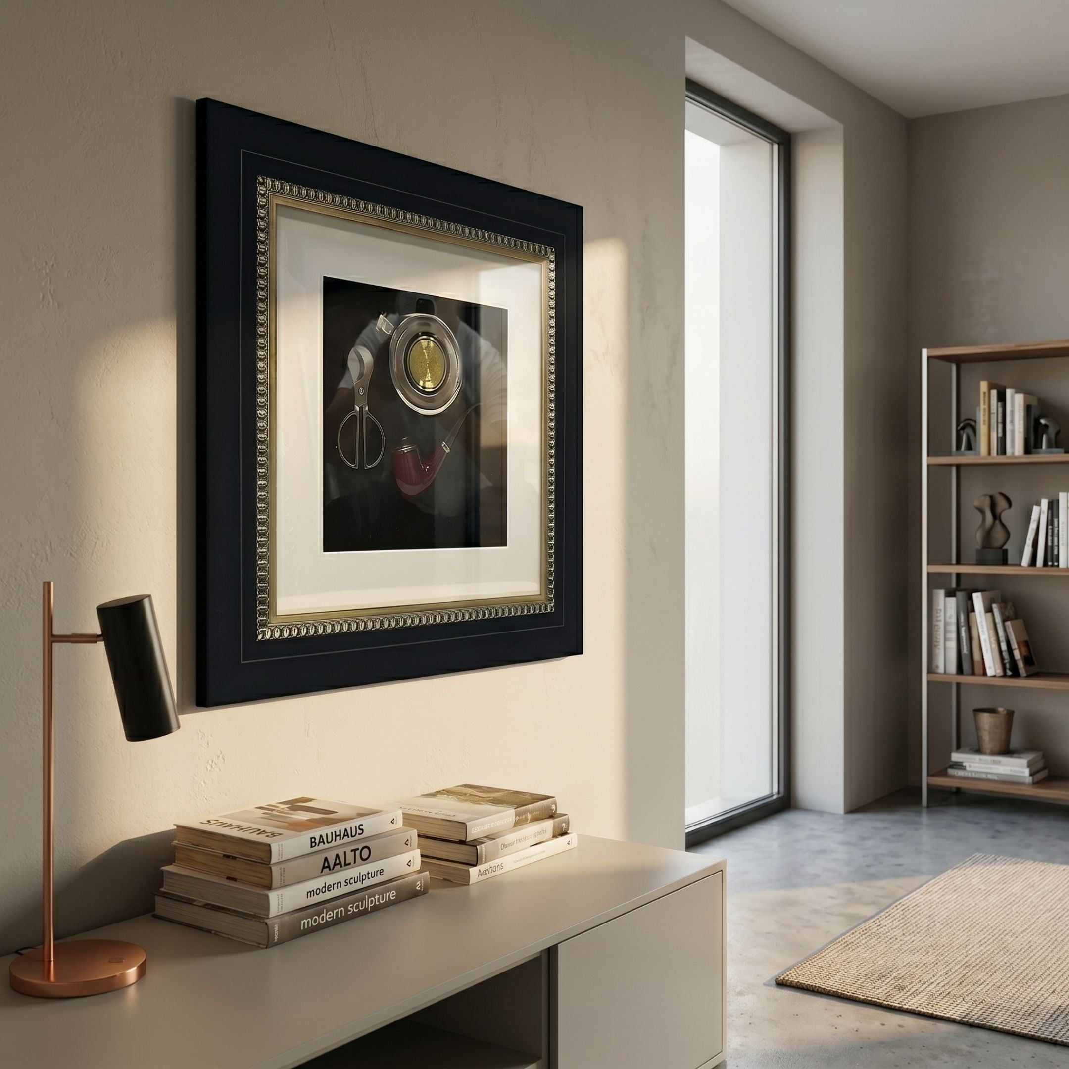 Havantra Pipe & Scissors Smokers Set Framed Wall Art by Giant Sculptures hung above a console with design books in a sunlit modern study.