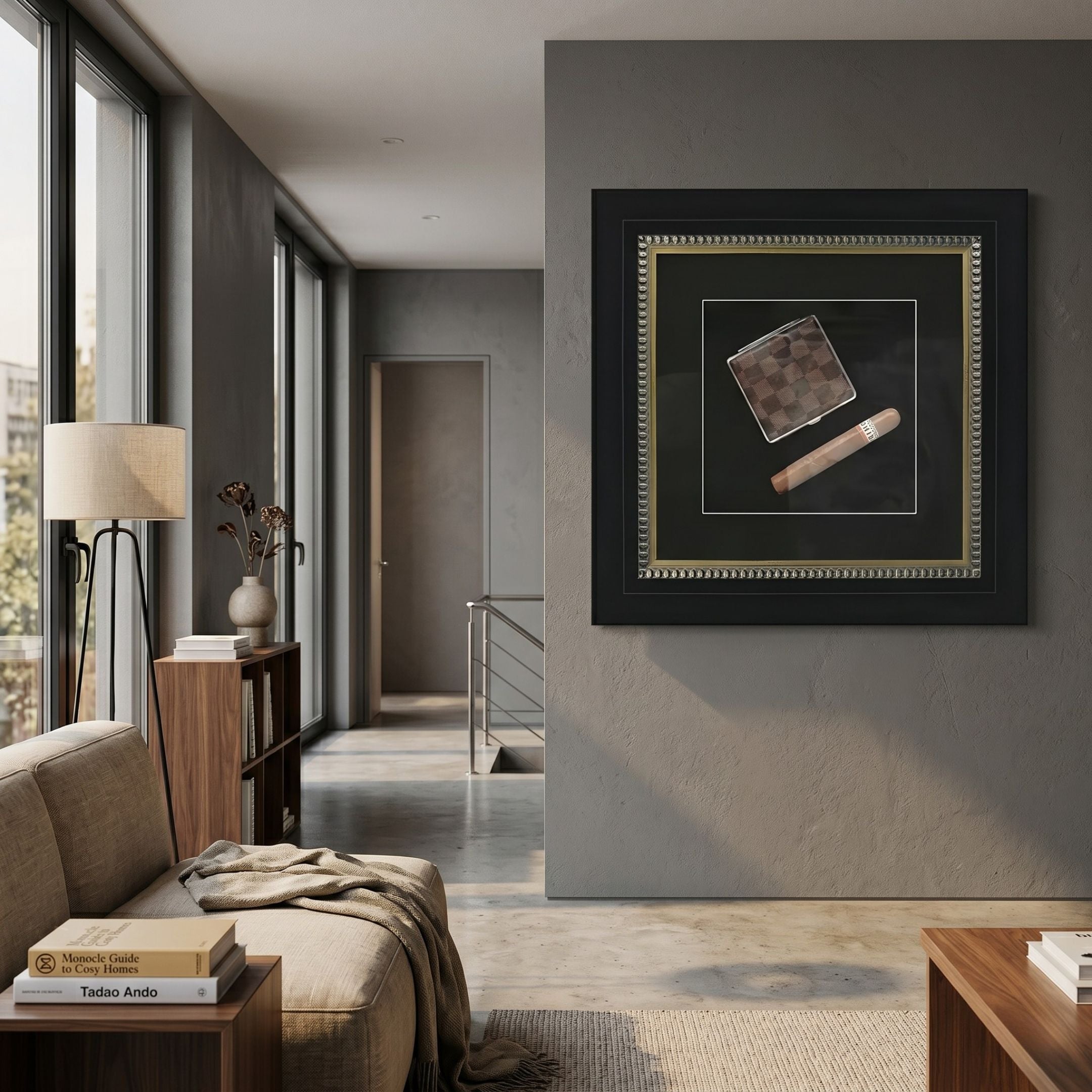 Havantra Cigar & Checked Case Framed Wall Art by Giant Sculptures displayed on a grey wall in a modern living room with a beige sofa and floor lamp.