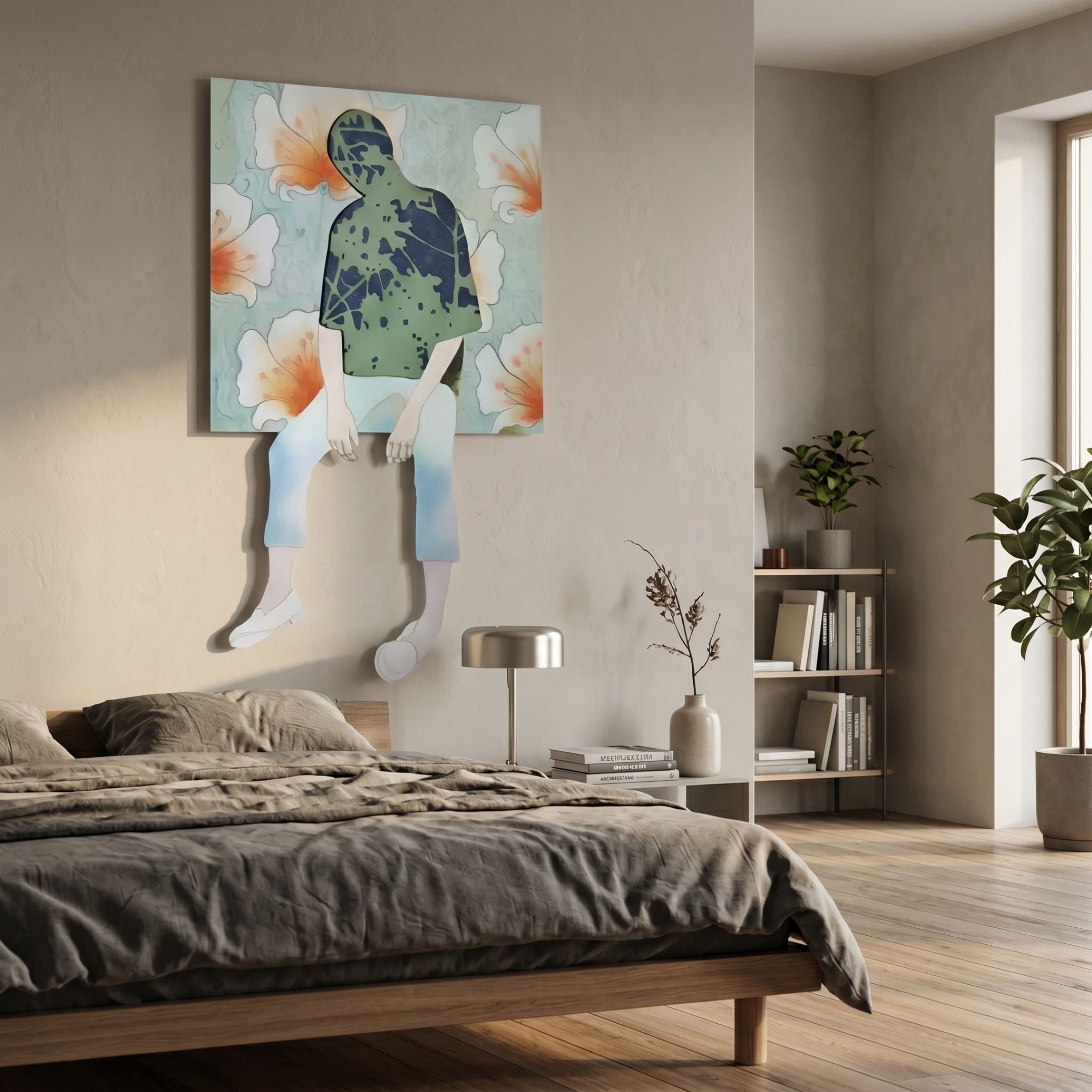 Florivane Green Silhouette & Floral Backdrop 3D Wall Art displayed above a wooden bed in a Nordic bedroom with beige walls, linen bedding, and a bookshelf.