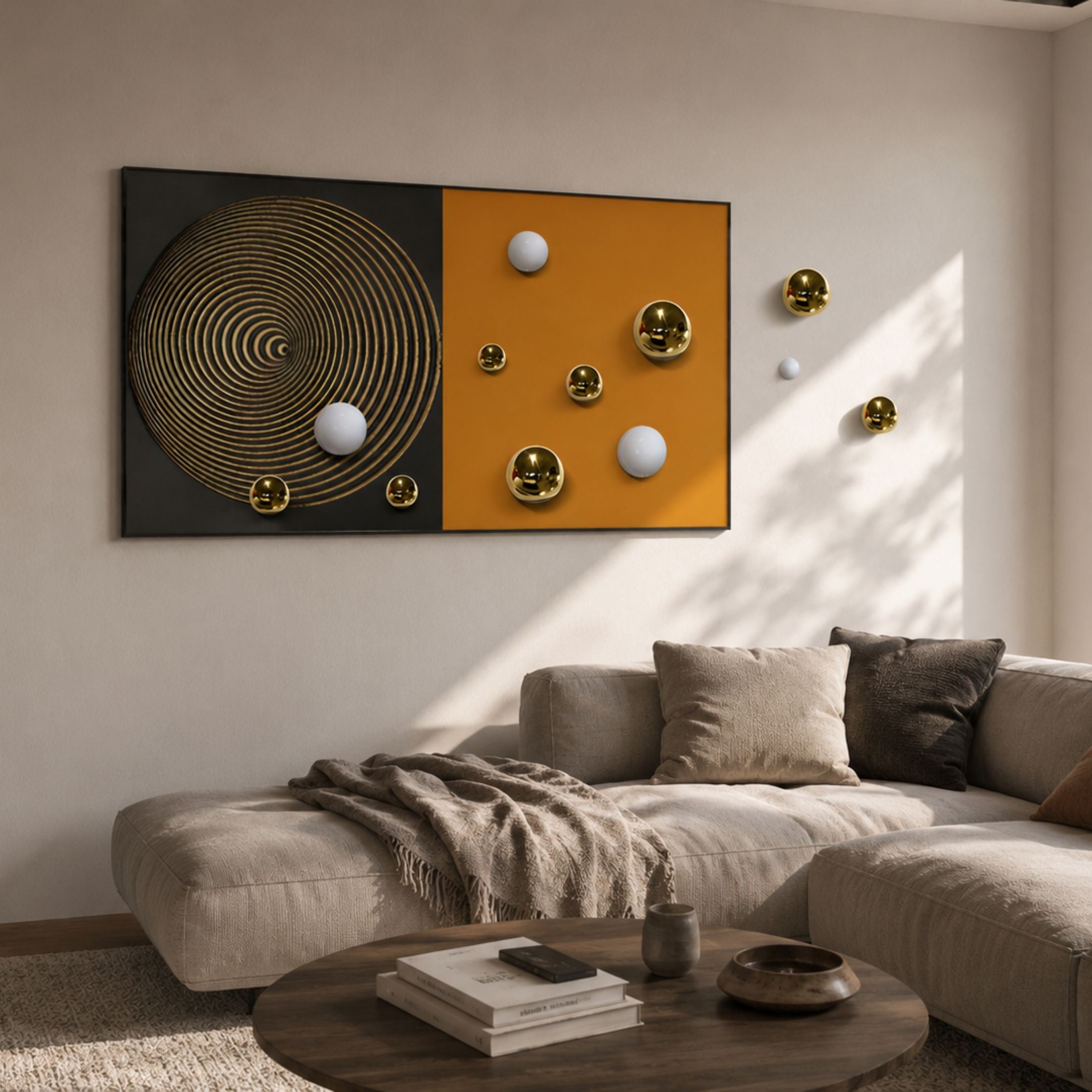 Spherium Gold & White Orb Dual-Tone Panel 3D Wall Art with black spiral and orange panels above a beige sofa, with gold and white orbs extending onto the wall.