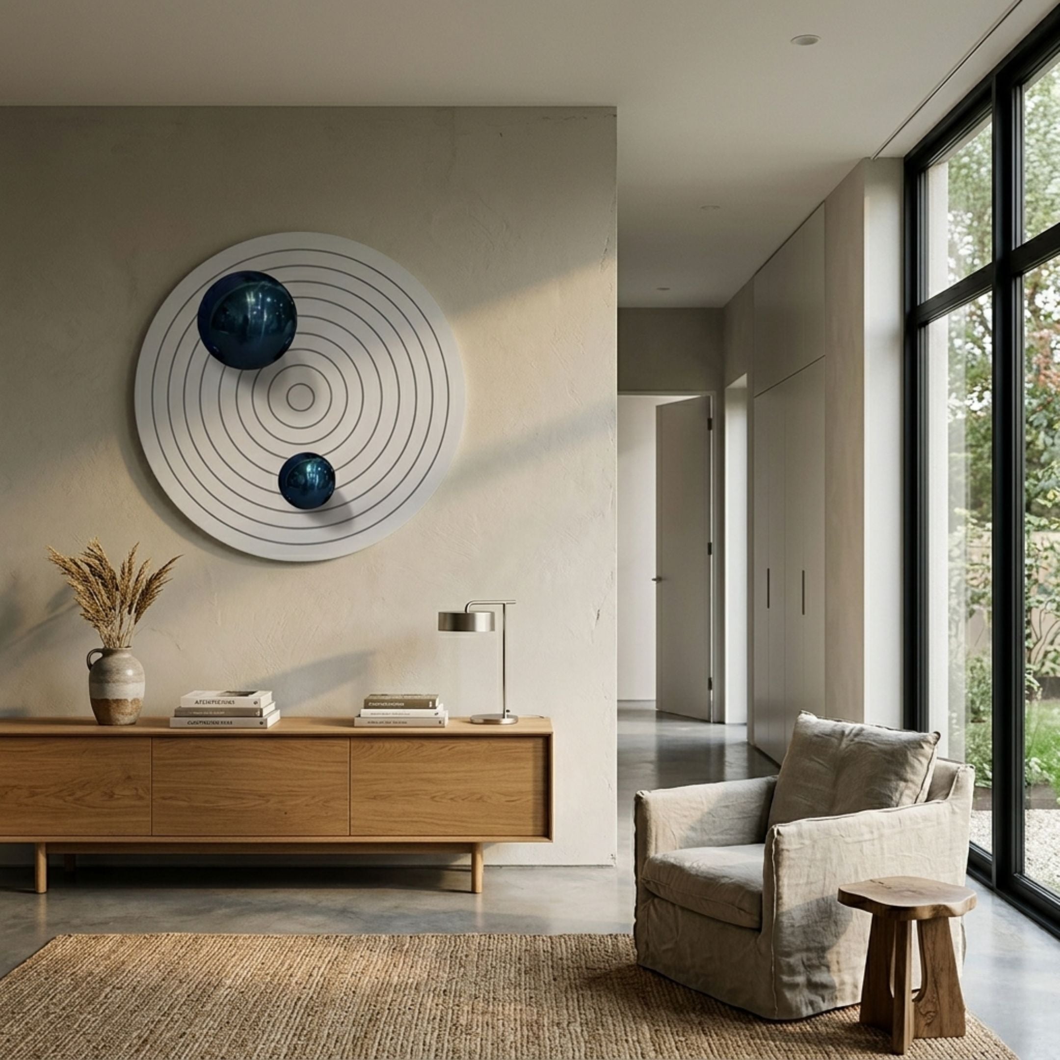 Orbiora IV Blue Duo Concentric Sphere 3D Wall Art by Giant Sculptures, mounted above a wooden sideboard in a minimalist room with armchair and window.