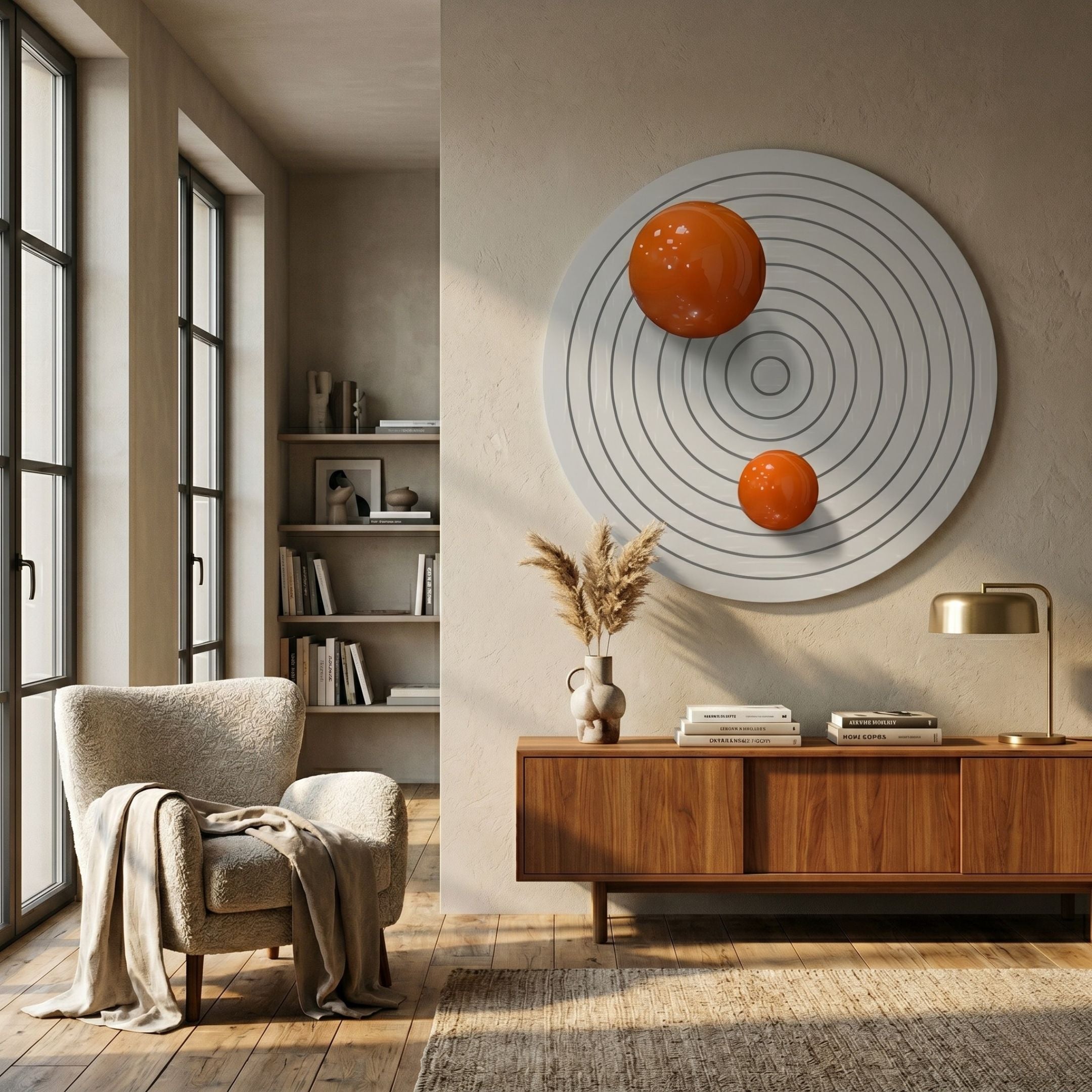 Orbiora IV Orange Duo Concentric Sphere 3D Wall Art by Giant Sculptures displayed above a walnut sideboard in a sunlit living room with boucle armchair.