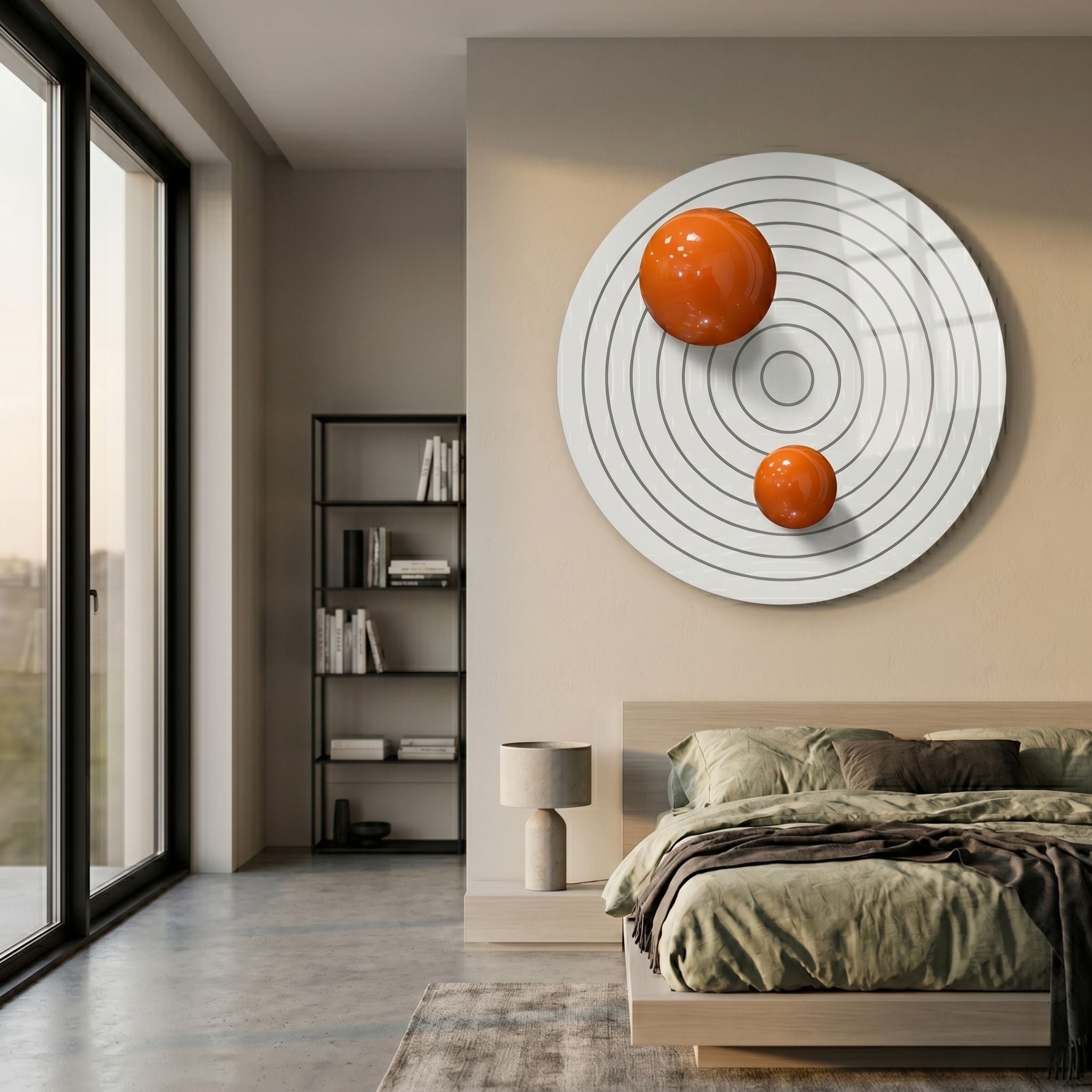 Orbiora I Orange Duo Concentric Sphere 3D Wall Art by Giant Sculptures displayed on a beige bedroom wall above a wooden bed with green linen.