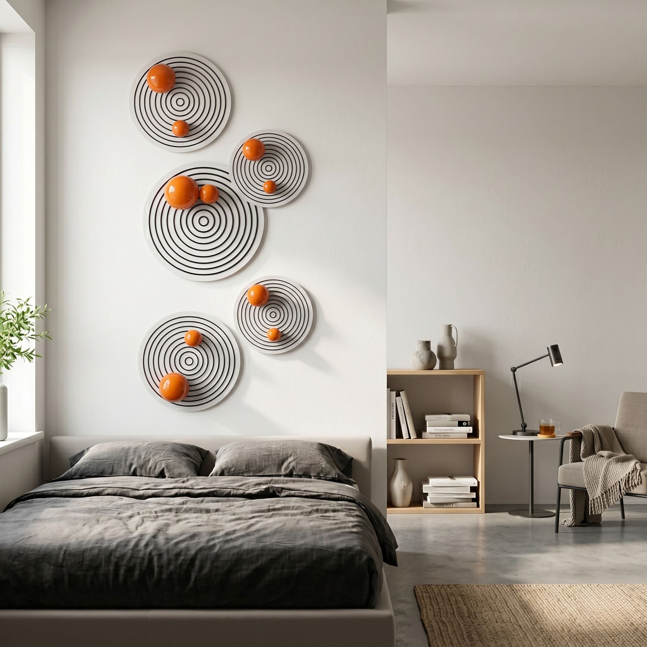 Orbiora Orange Orb 5-Panel Concentric Sphere 3D Wall Art by Giant Sculptures displayed above a grey bed in a minimalist bedroom with a bookshelf and chair.
