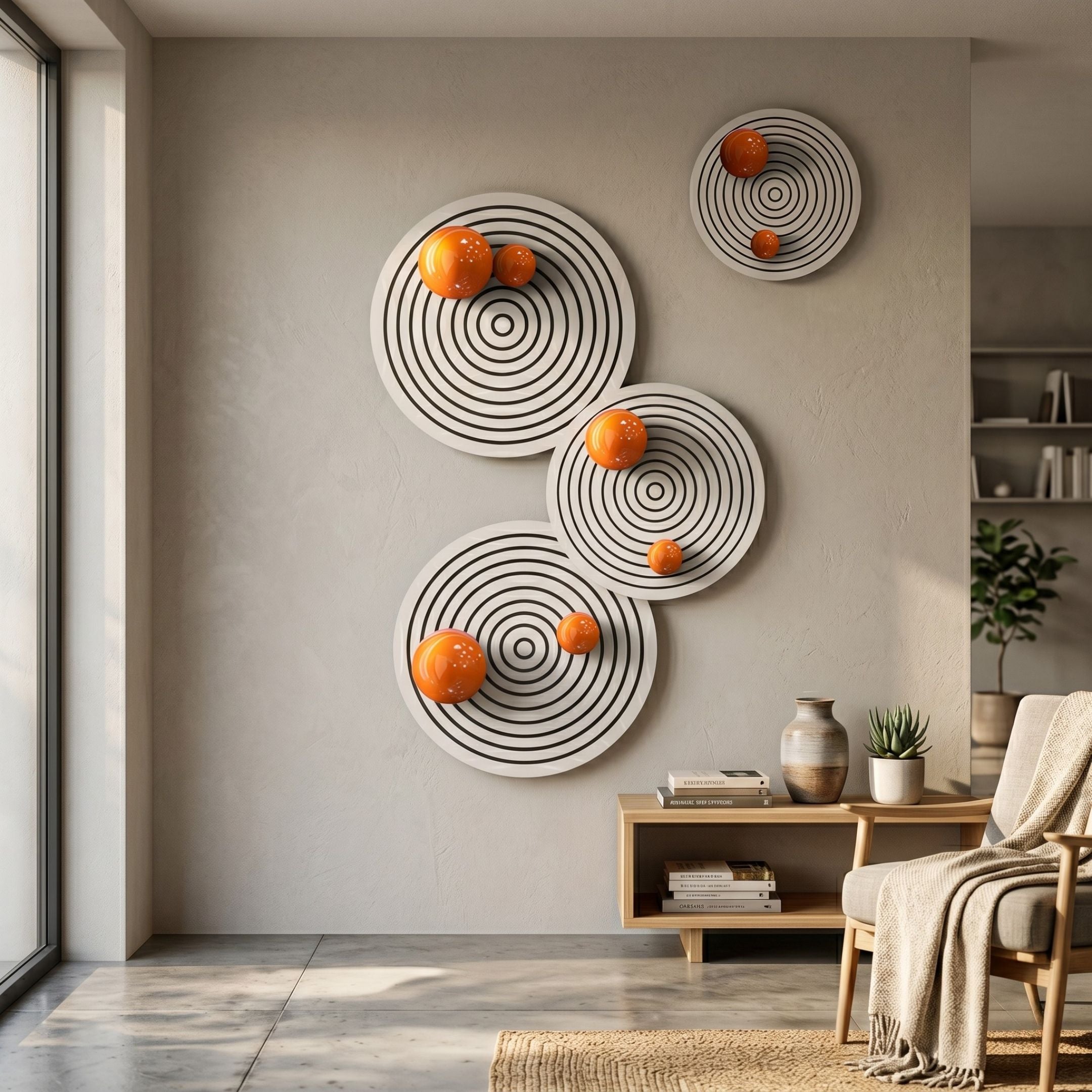 Orbiora Orange Orb 4-Panel Concentric Sphere 3D Wall Art by Giant Sculptures displayed on a pale wall above a wooden console in a modern living room.