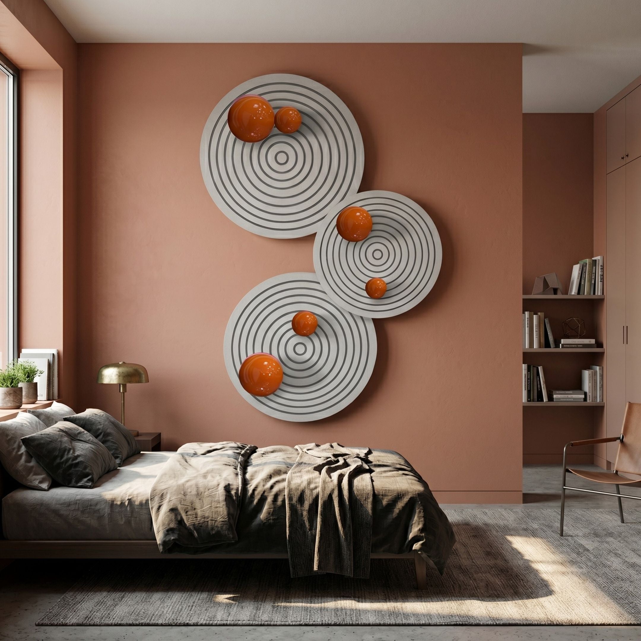 Orbiora Orange Orb 3-Panel Concentric Sphere 3D Wall Art by Giant Sculptures displayed above a grey bed on a terracotta bedroom wall with bookshelves.