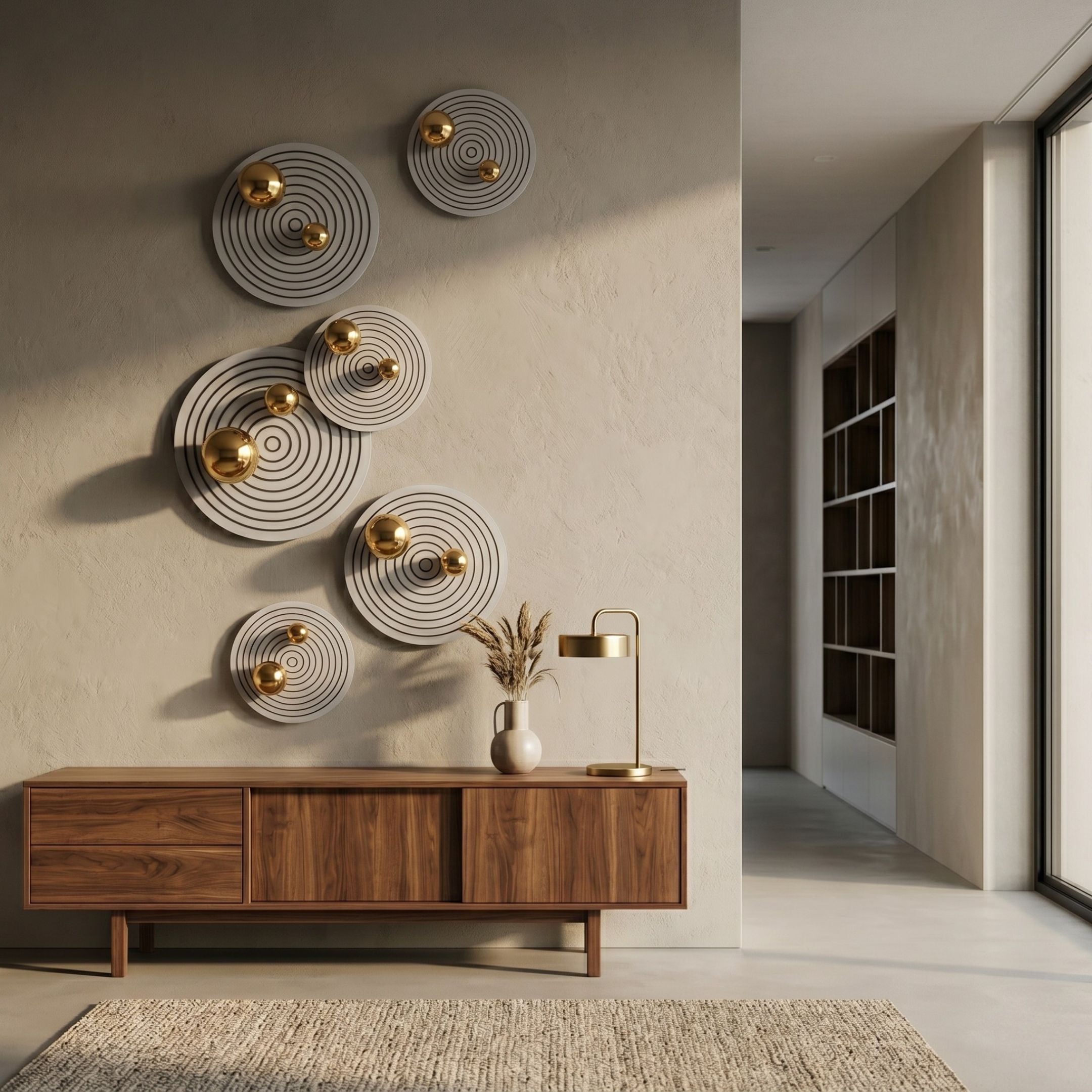 Orbiora Gold Orb 6-Panel Concentric Sphere 3D Wall Art by Giant Sculptures arranged across a beige wall above a walnut sideboard with a brass lamp and vase.