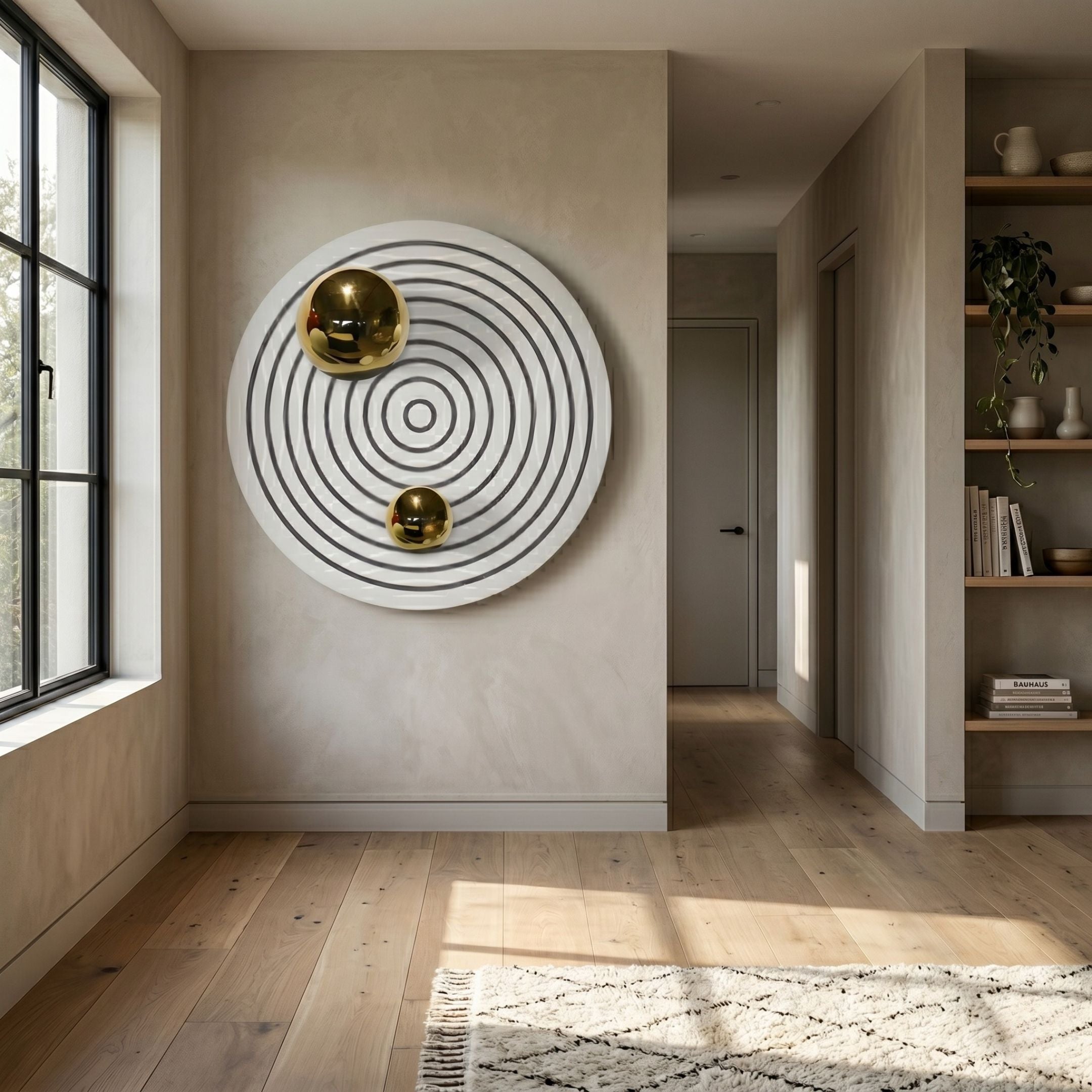 Orbiora IV Gold Duo Concentric Sphere 3D Wall Art by Giant Sculptures displayed in a minimalist hallway with oak flooring, a window, and built-in shelving.