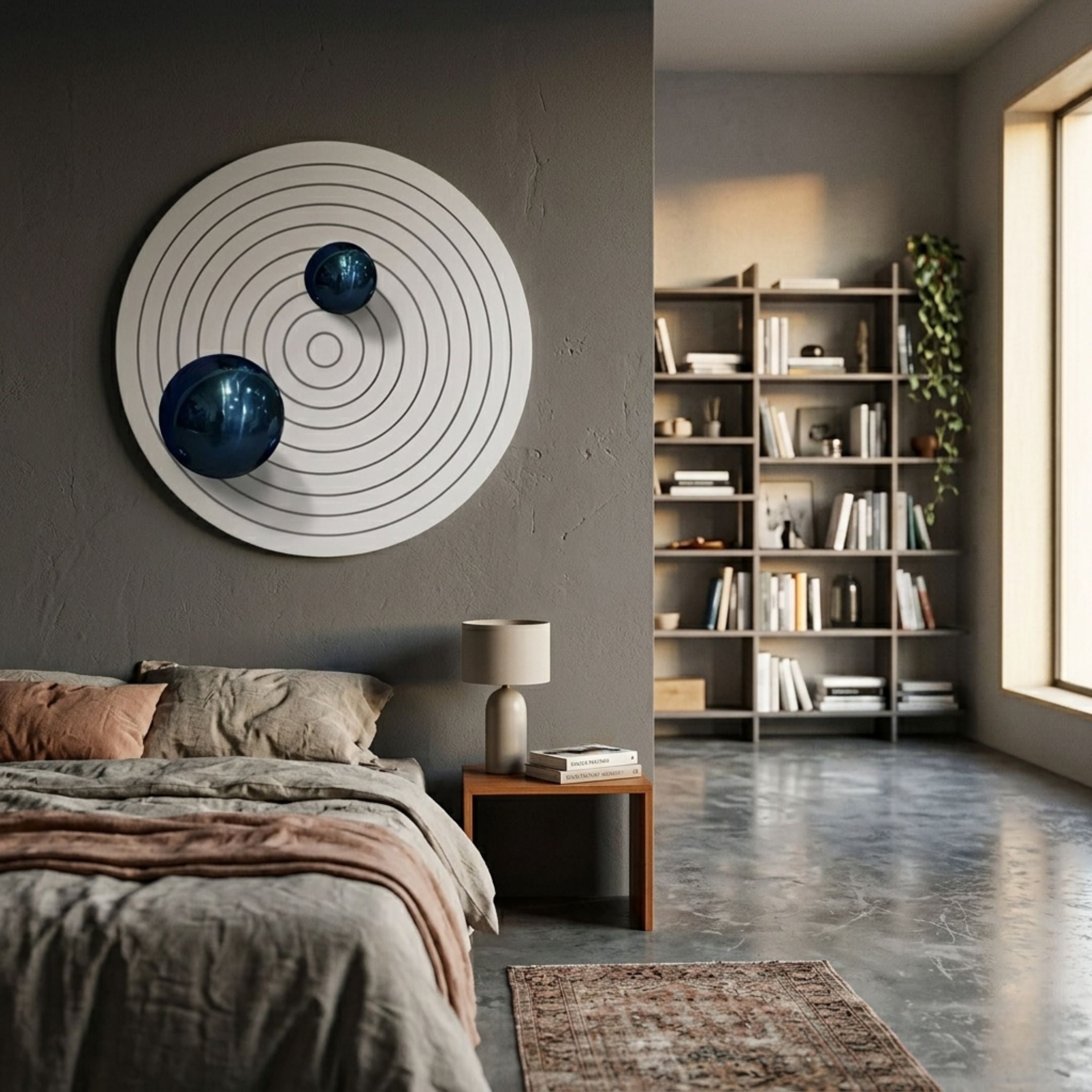 Orbiora III Blue Duo Concentric Sphere 3D Wall Art by Giant Sculptures displayed on a grey bedroom wall above a nightstand, near a bookshelf and window.
