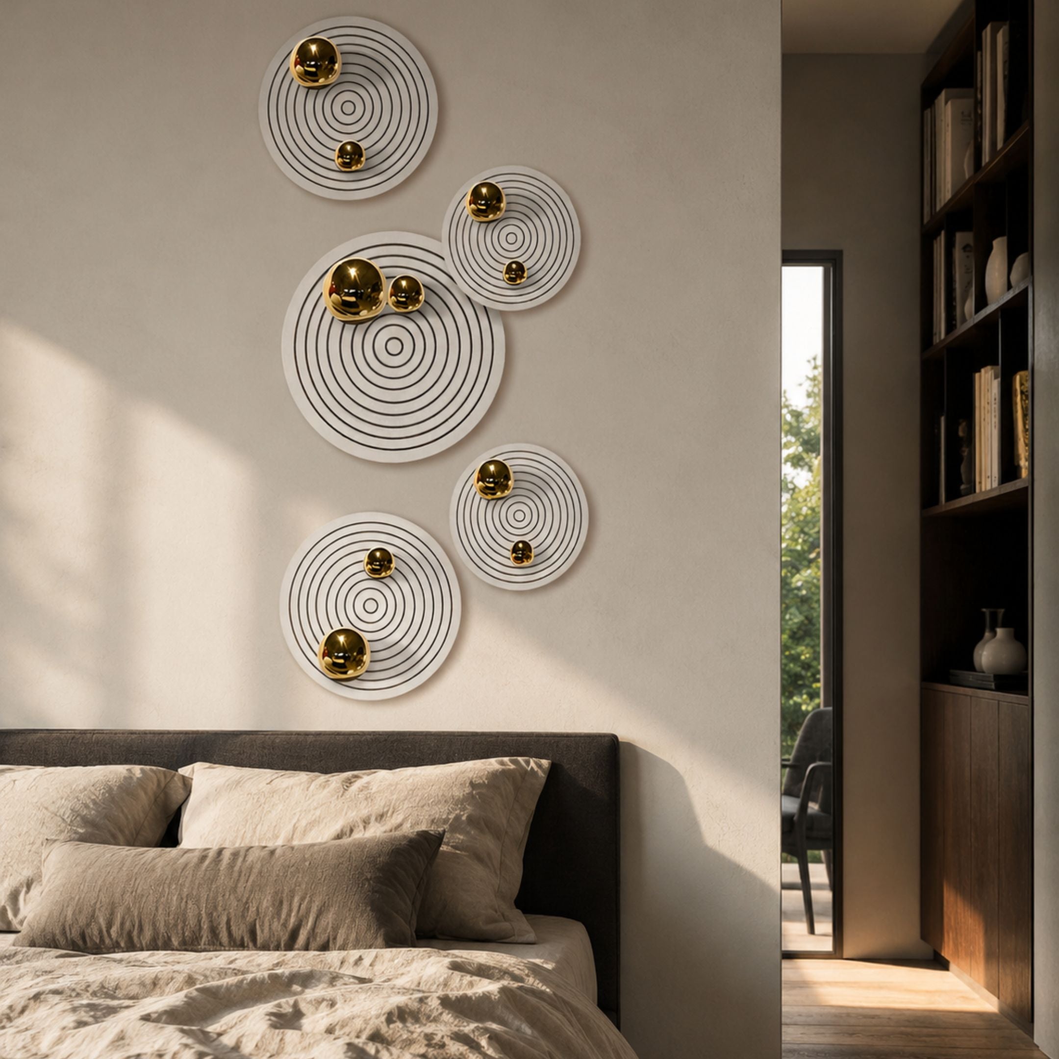 Orbiora Gold Orb 5-Panel Concentric Sphere 3D Wall Art by Giant Sculptures displayed above an upholstered bed in a warm neutral bedroom.