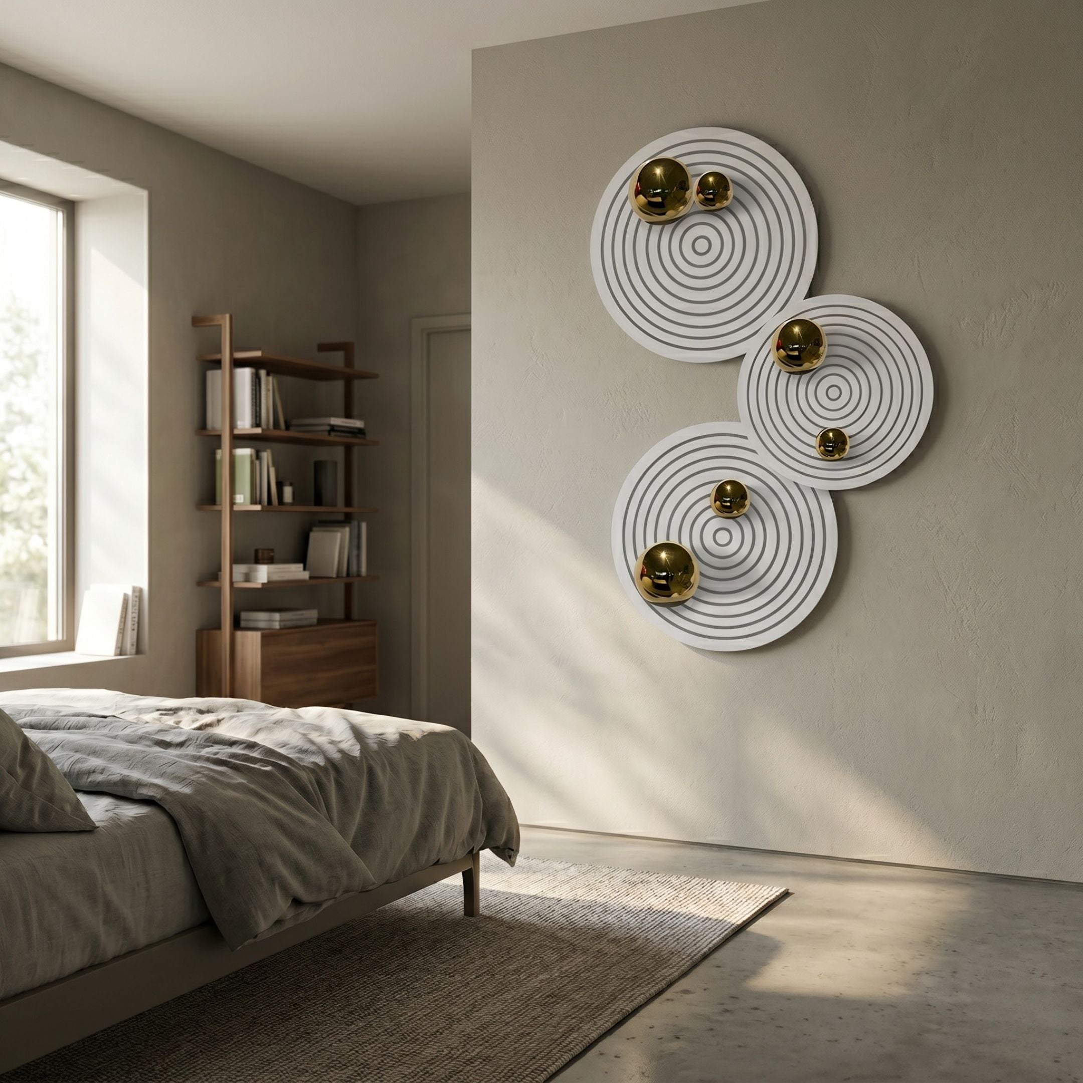 Orbiora Gold Orb 3-Panel Concentric Sphere 3D Wall Art mounted above a bed in a neutral bedroom with a walnut bookshelf and linen bedding nearby.
