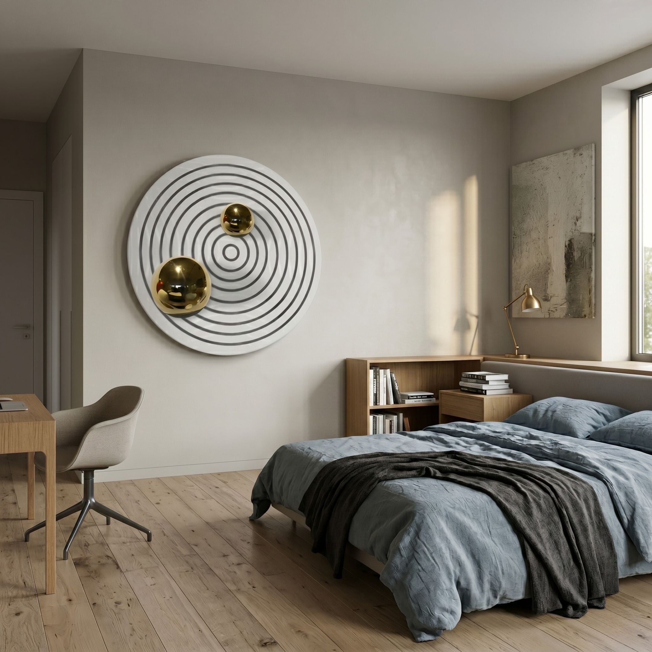 Orbiora III Gold Duo Concentric Sphere 3D Wall Art by Giant Sculptures mounted in a modern bedroom above a wooden bookshelf beside a grey-linen bed.