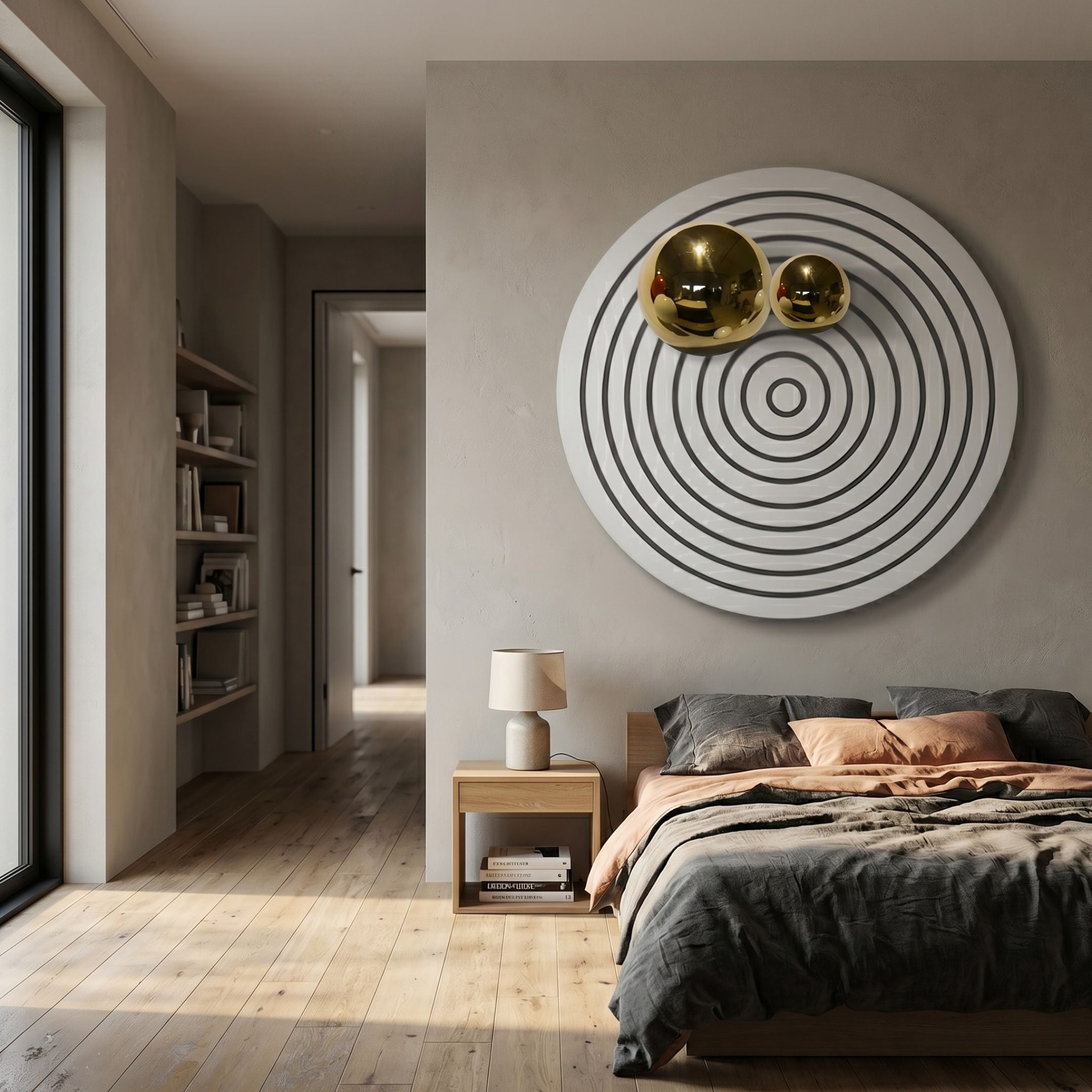 Orbiora II Gold Duo Concentric Sphere 3D Wall Art by Giant Sculptures, two reflective gold spheres on a white panel with black rings, above a bedroom bed.