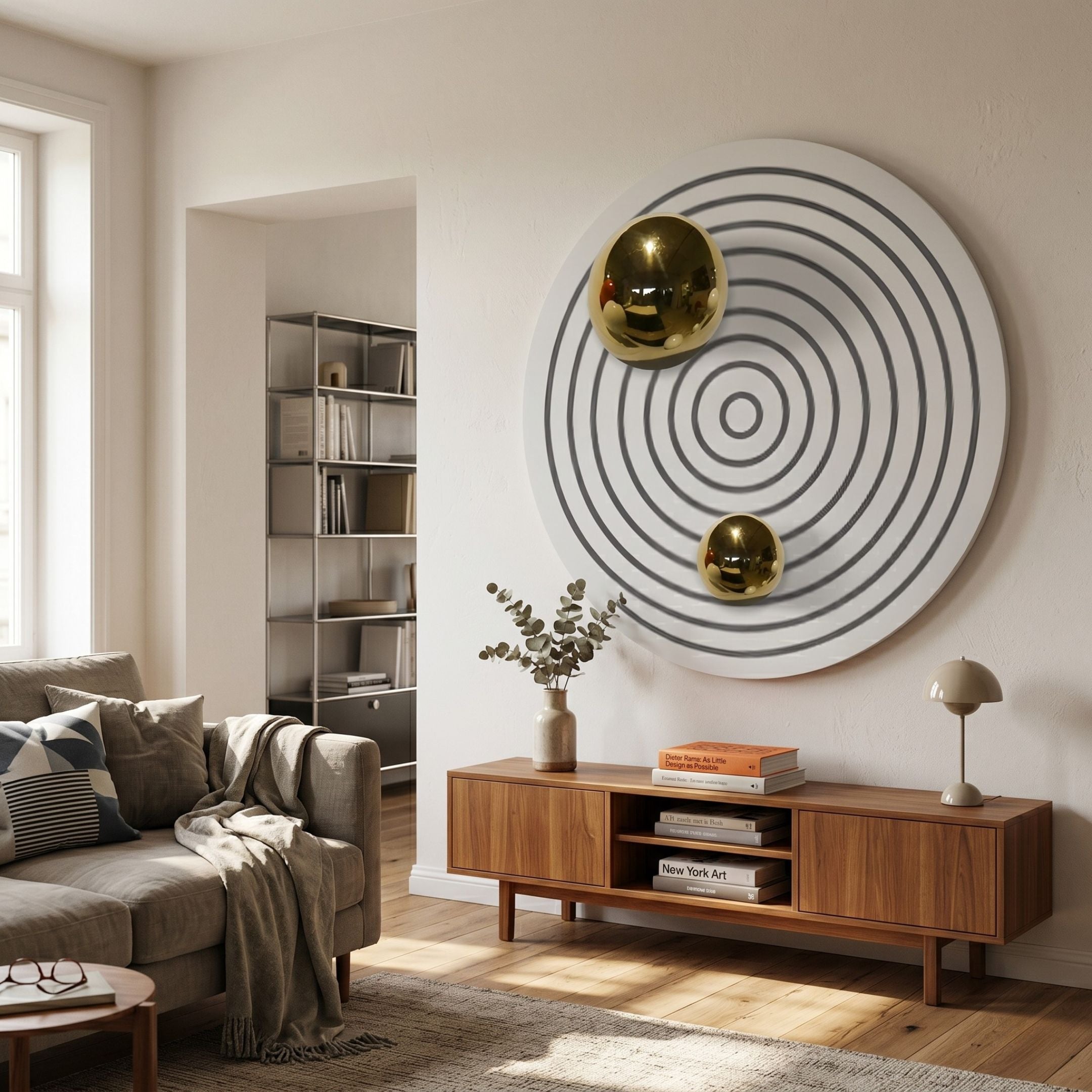 Orbiora I Gold Duo Concentric Sphere 3D Wall Art by Giant Sculptures with two polished gold spheres on black and white rings, above a walnut console in a living room.