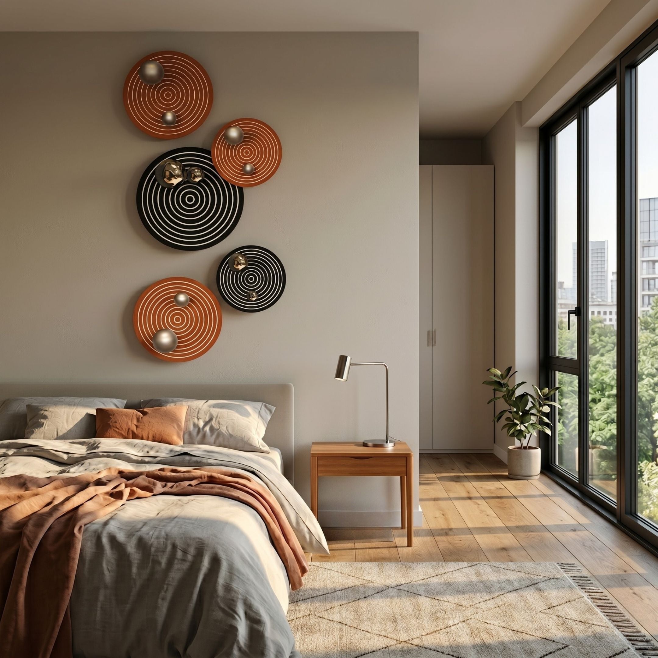 Orbiora Orange & Black 5-Panel Concentric Sphere 3D Wall Art by Giant Sculptures displayed above a bed with wooden nightstand in a sunlit modern bedroom.