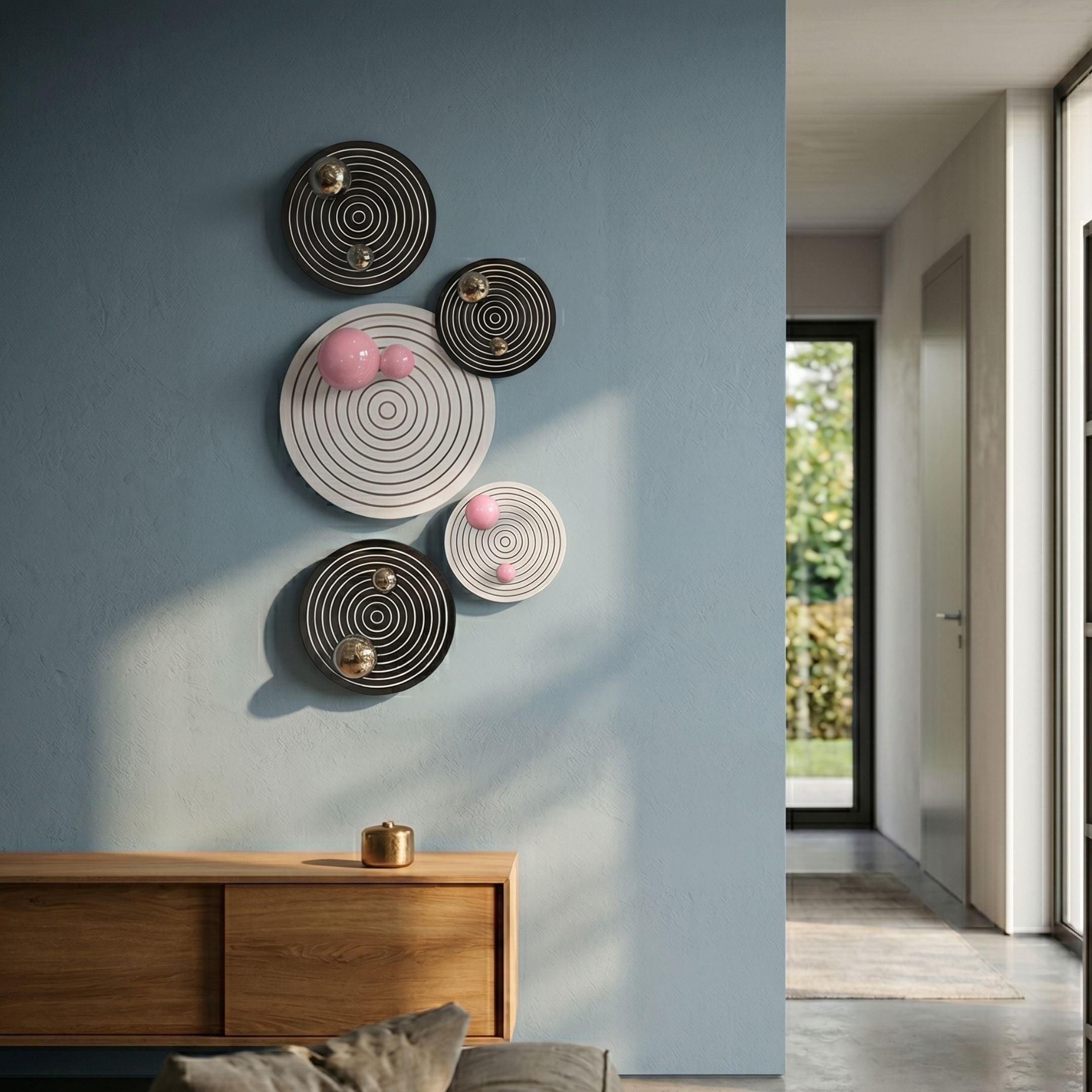 Orbiora Pink & Gold Orb 5-Panel Concentric Sphere 3D Wall Art by Giant Sculptures arranged on a blue hallway wall above a wooden console.