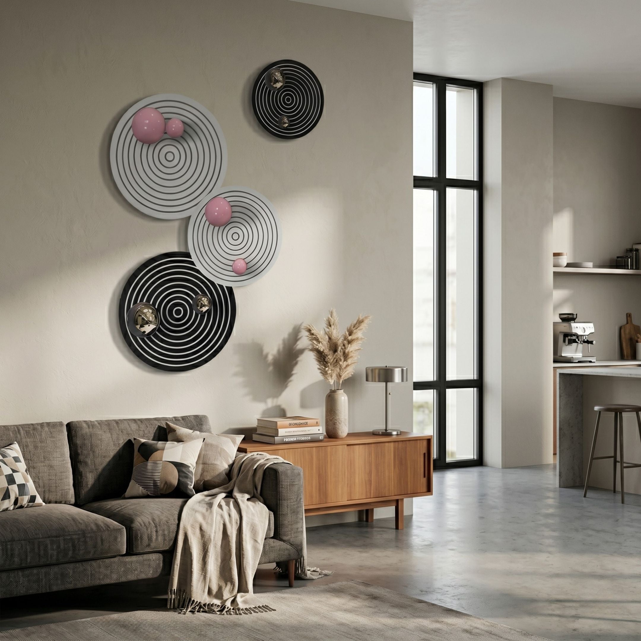 Orbiora Pink & Gold Orb 4-Panel Concentric Sphere 3D Wall Art by Giant Sculptures displayed above a wooden sideboard in a neutral modern living room.