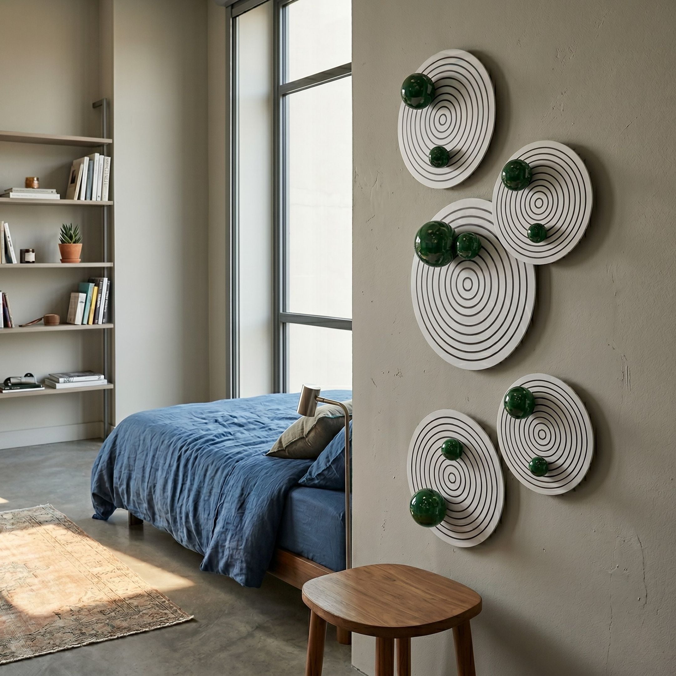 Orbiora Green Orb 5-Panel Concentric Sphere 3D Wall Art by Giant Sculptures displayed on a grey bedroom wall beside a blue-linen bed and bookshelf.
