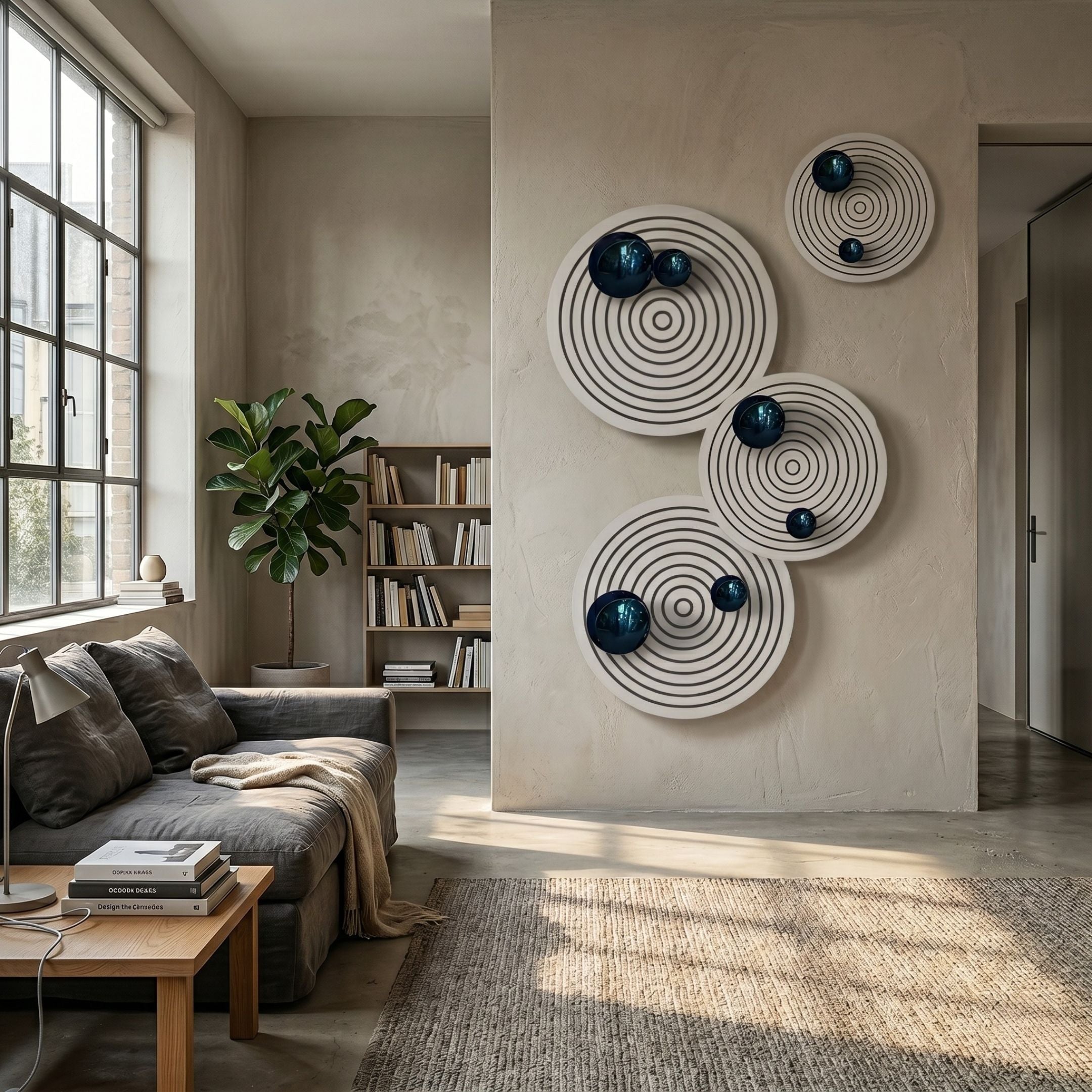Orbiora Blue Orb 4-Panel Concentric Sphere 3D Wall Art by Giant Sculptures displayed on a beige wall in a modern living room with grey sofa and bookshelf.