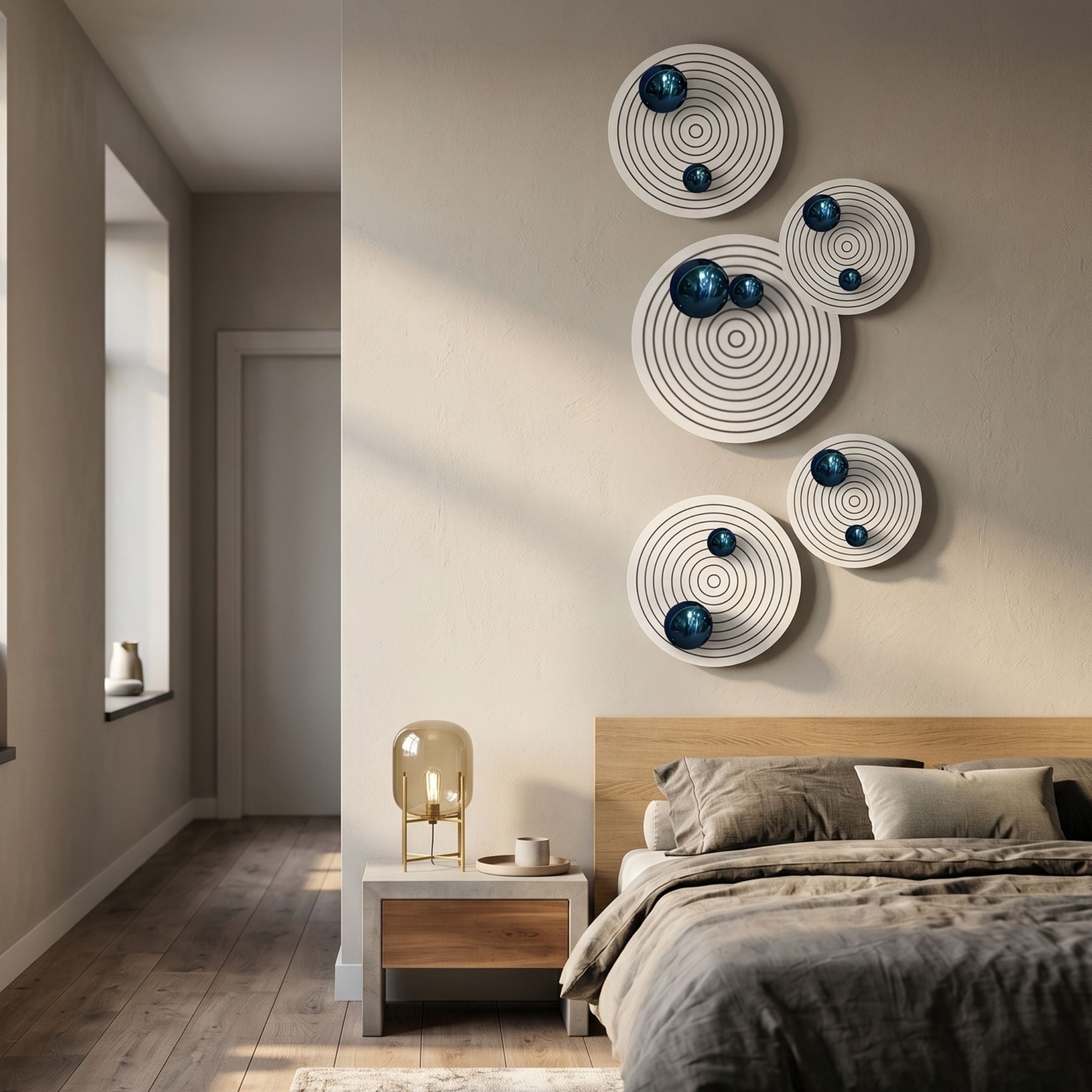 Orbiora Blue Orb 5-Panel Concentric Sphere 3D Wall Art mounted vertically above a wooden bedside table and bed in a modern bedroom.