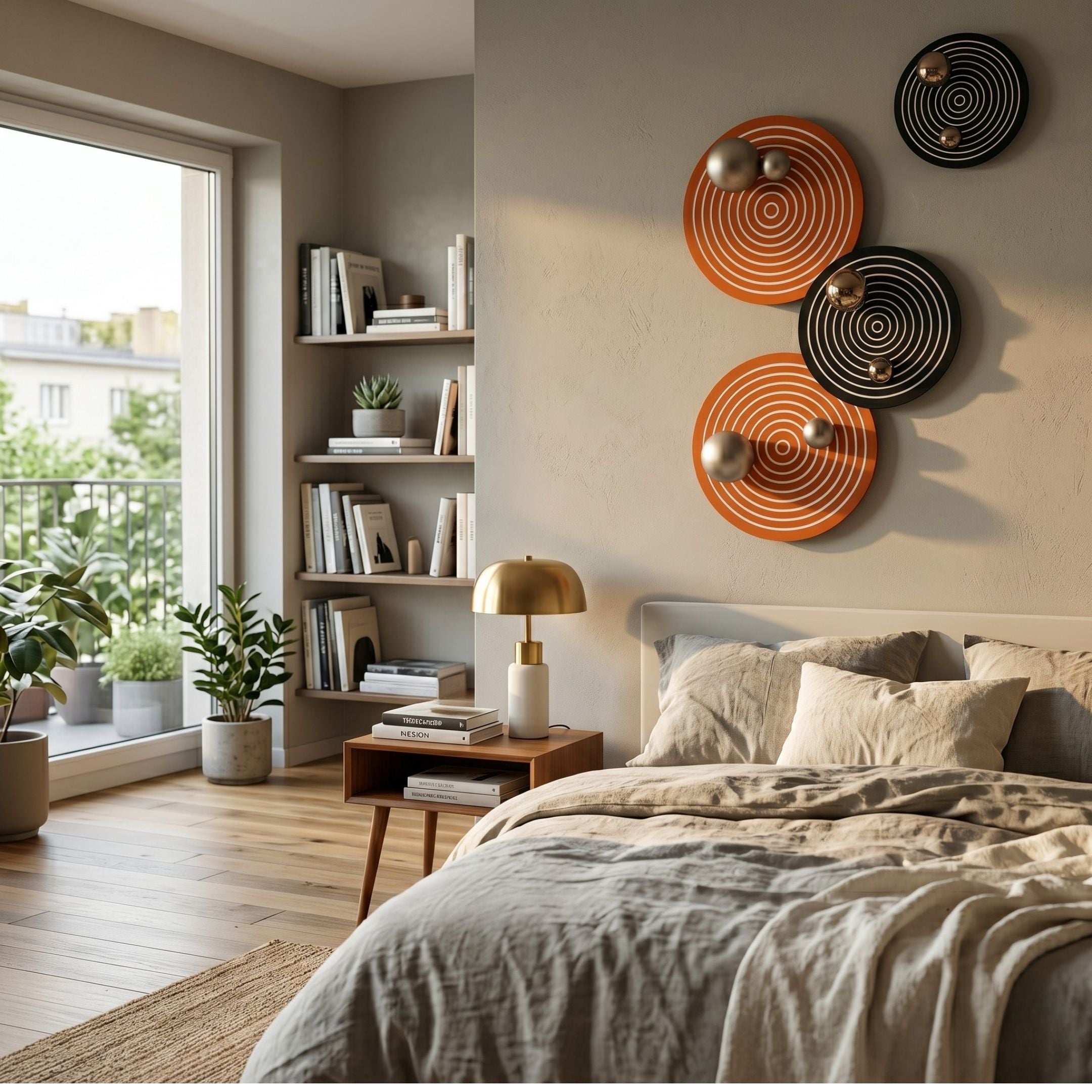 Orbiora Orange & Black 4-Panel Concentric Sphere 3D Wall Art mounted above the bed in a modern bedroom with shelves, plants, and a brass lamp.
