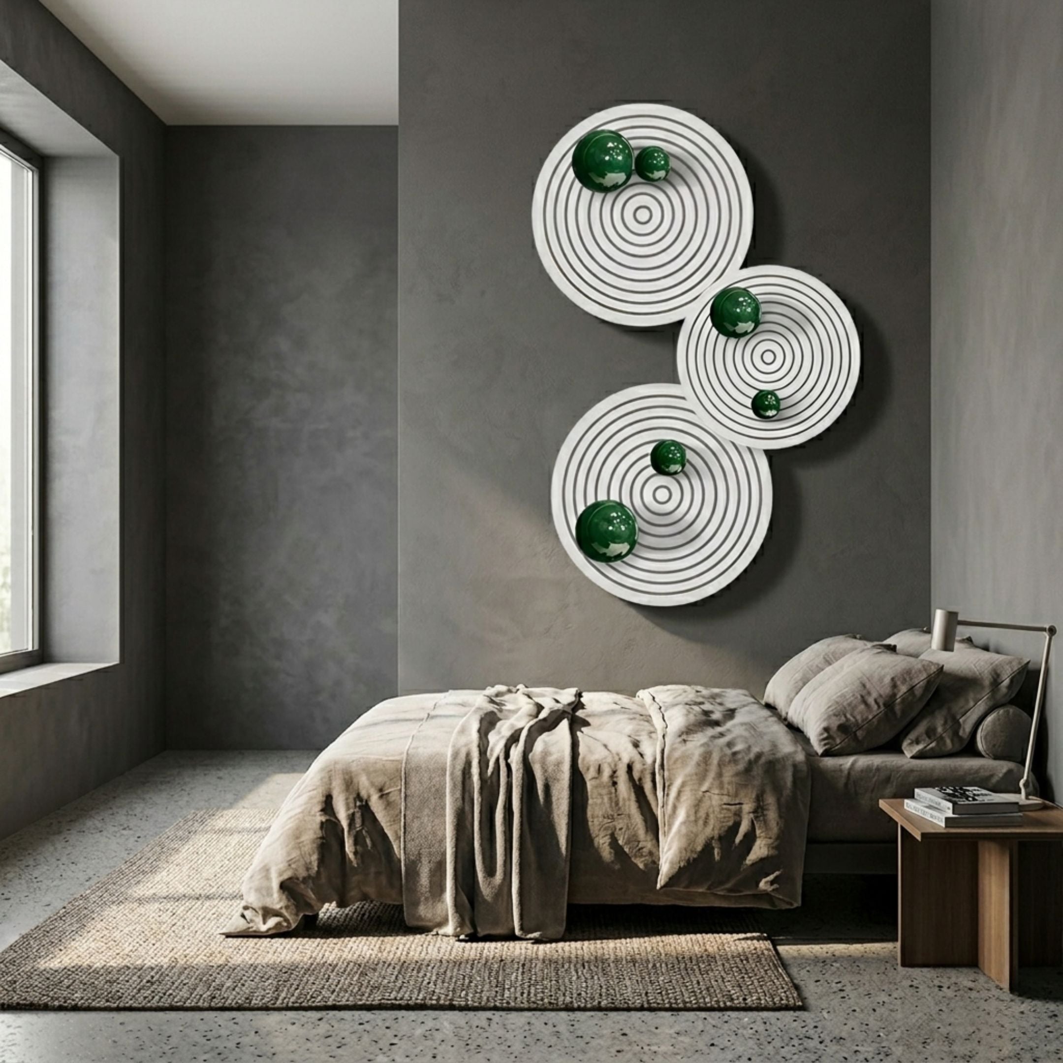 Orbiora Green Orb 3-Panel Concentric Sphere 3D Wall Art by Giant Sculptures displayed vertically above a bed in a grey bedroom with linen bedding.