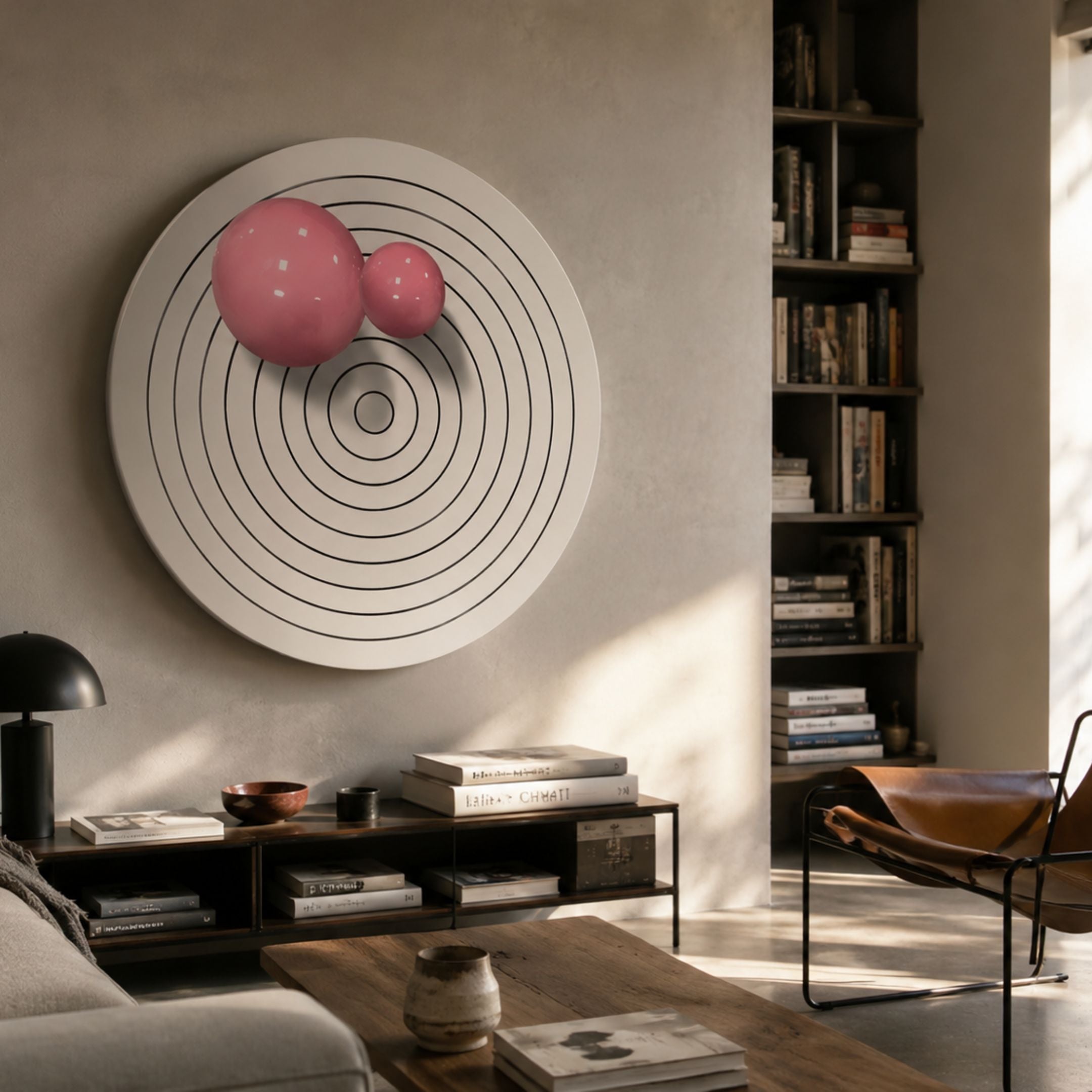 Orbiora II Pink Duo Concentric Sphere 3D Wall Art by Giant Sculptures displayed above a dark console in a neutral living room with bookshelves and leather chair.