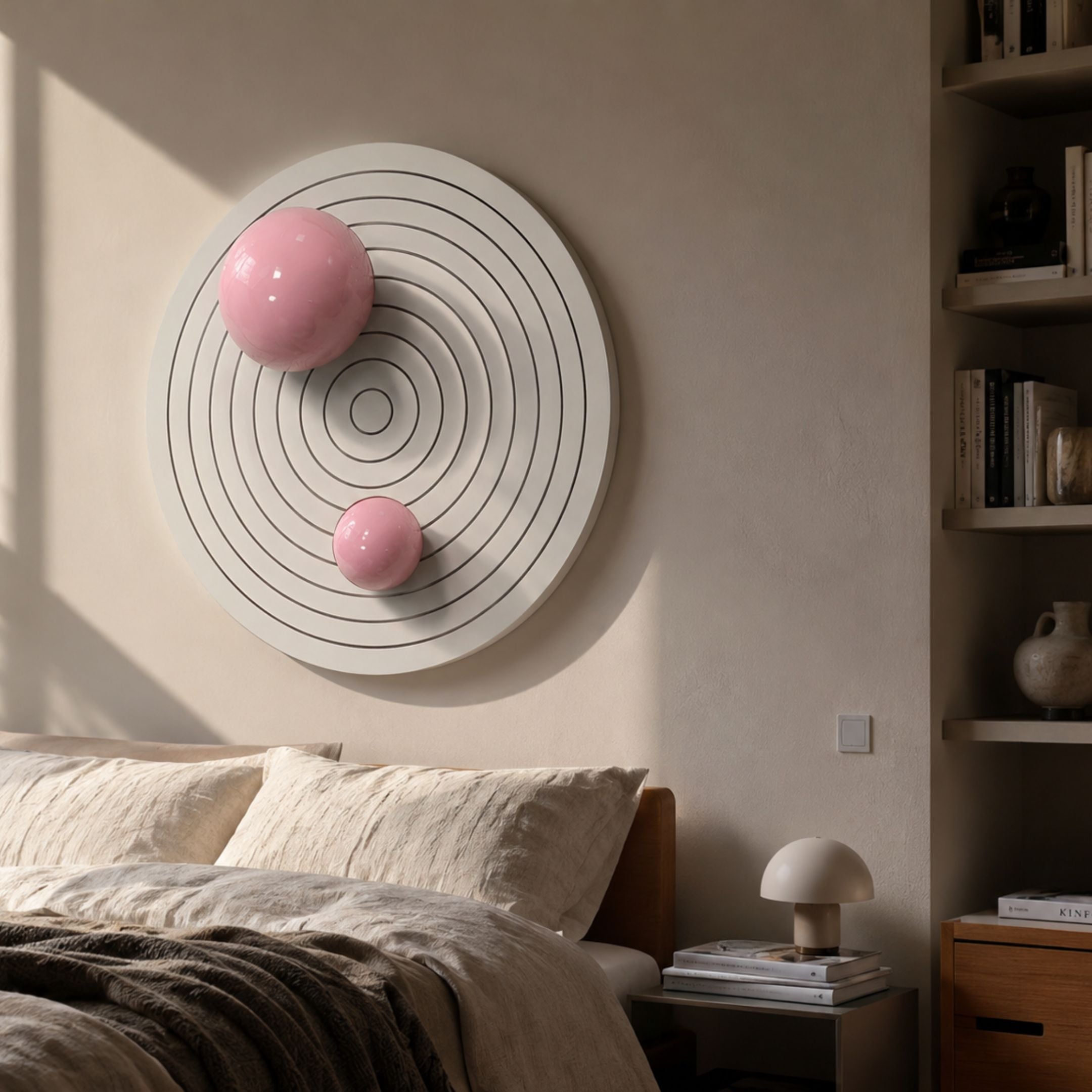 Orbiora I Pink Duo Concentric Sphere 3D Wall Art by Giant Sculptures, mounted above a bed with linen bedding beside a bookshelf and mushroom lamp.