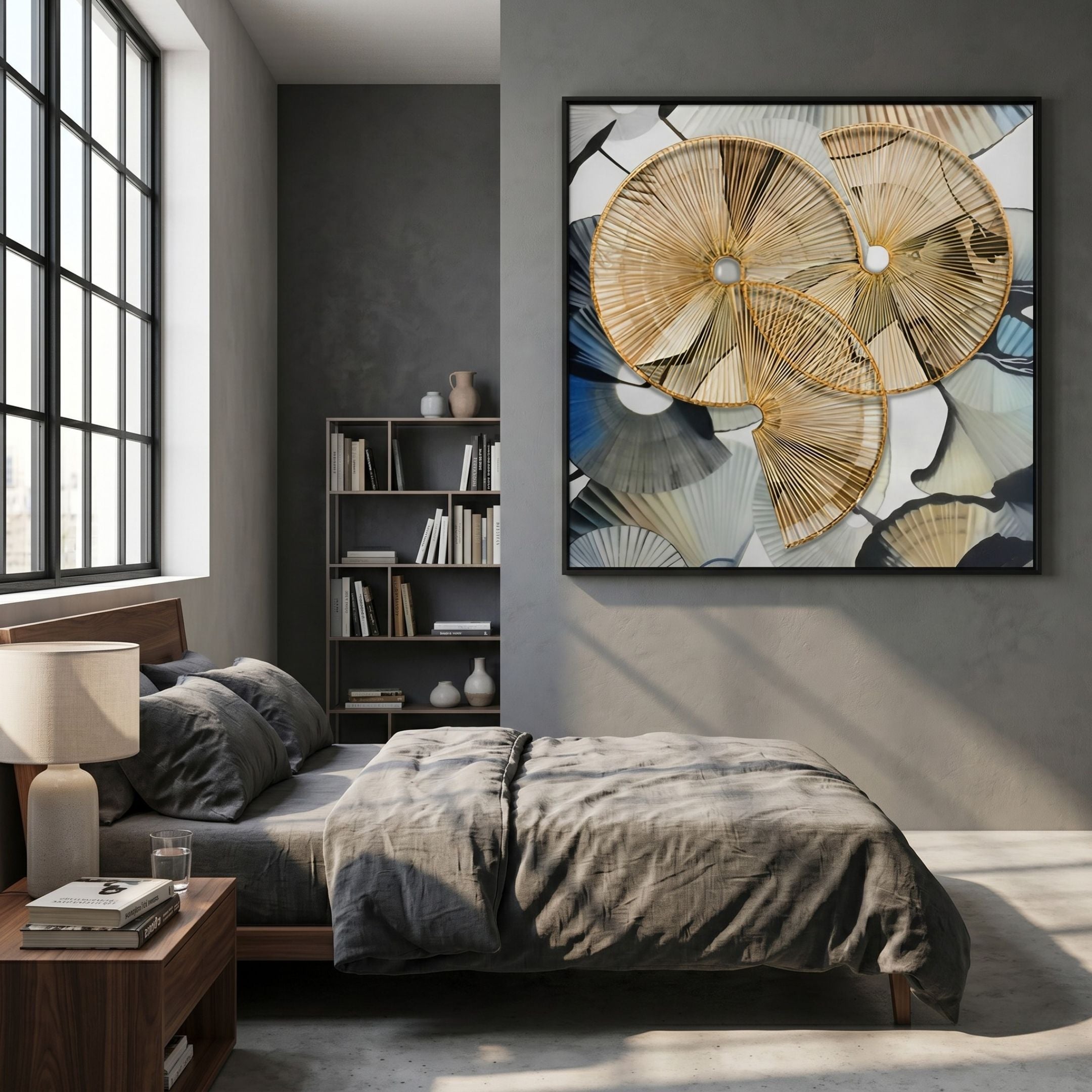 Fanora I Golden Woven Cluster Rope 3D Wall Art by Giant Sculptures displayed above a bed in a grey-walled bedroom with linen bedding and bookshelf.