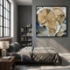 Fanora I Golden Woven Cluster Rope 3D Wall Art by Giant Sculptures displayed above a bed in a grey-walled bedroom with linen bedding and bookshelf.
