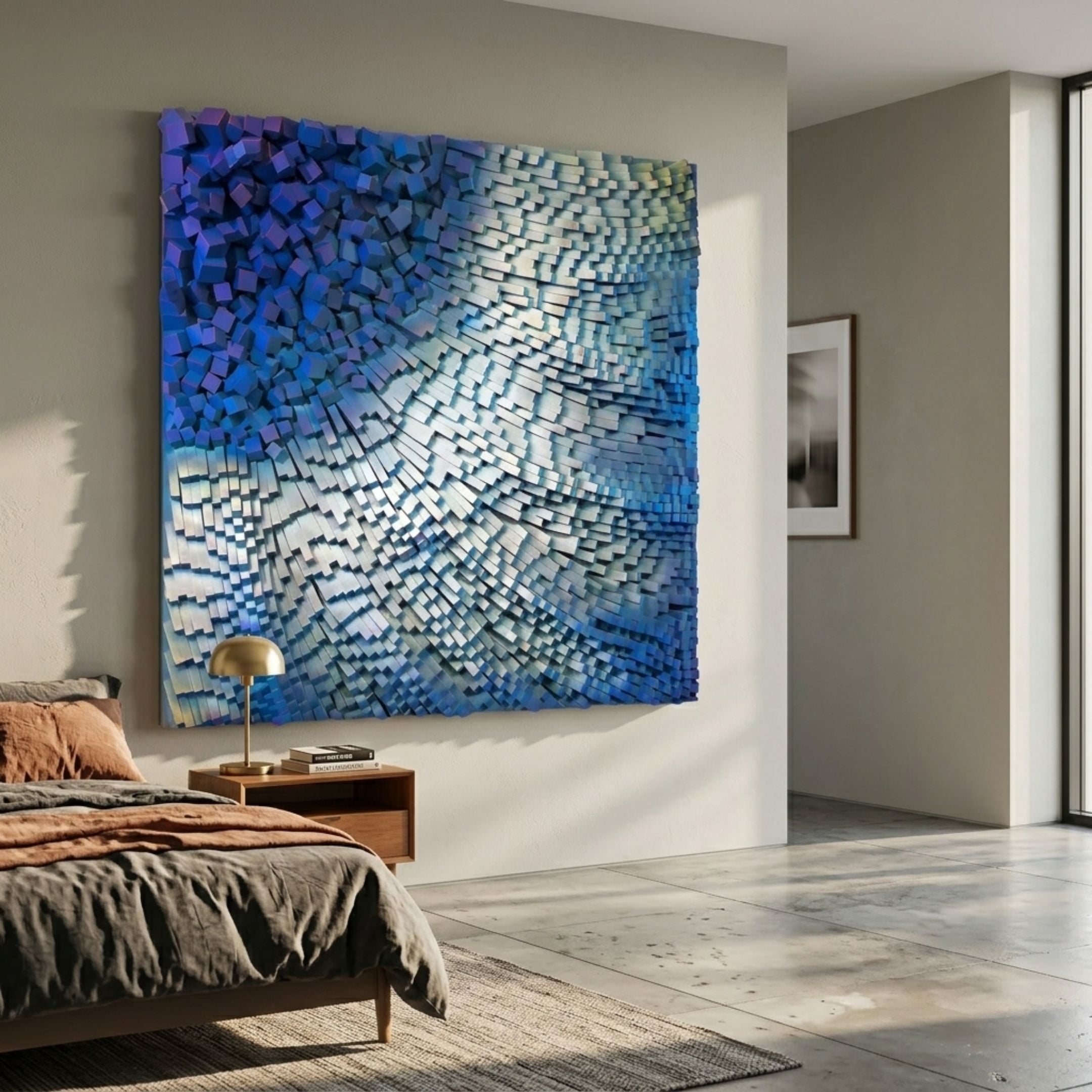Stravura Deep Blue Cubic Flow 3D Wall Art by Giant Sculptures, mounted above a bedside table in a modern bedroom with wave-textured blue, purple, and white blocks.