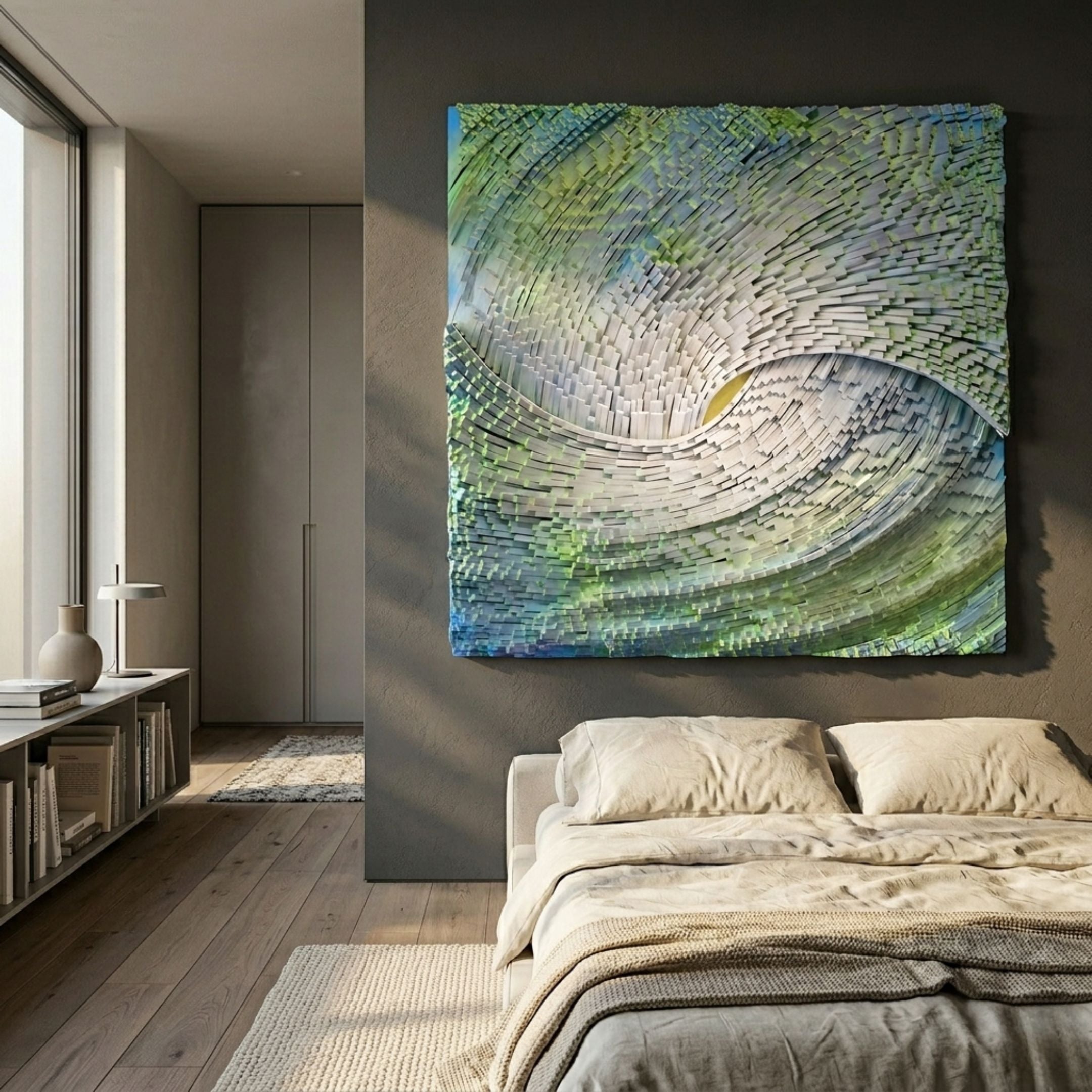 Stravura Green & Blue Spiral Motion 3D Wall Art by Giant Sculptures displayed above a bed in a modern bedroom with pale linens and wood flooring.