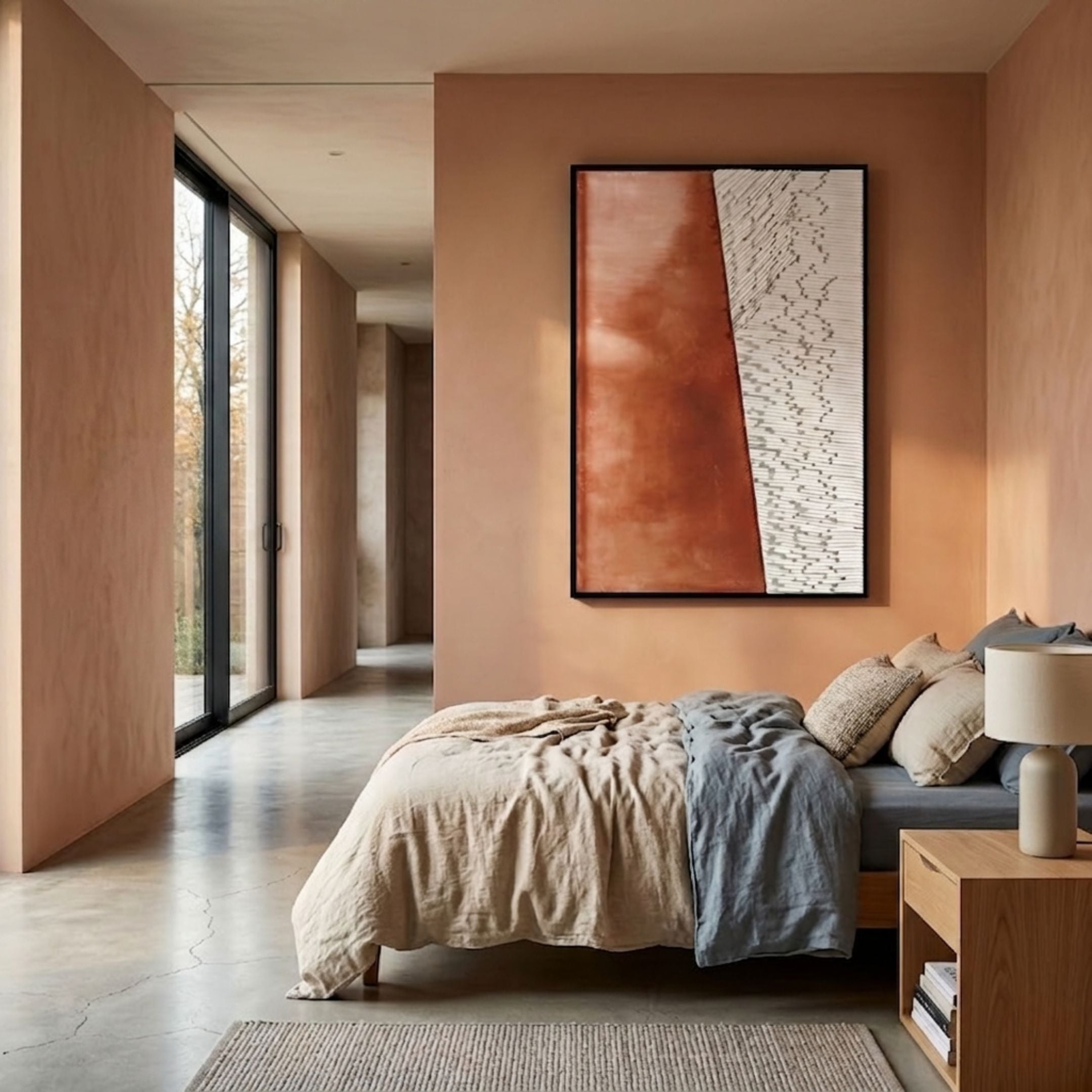Cartura Copper & White Fold Paper 3D Wall Art by Giant Sculptures displayed above a linen-dressed bed in a terracotta-toned bedroom with a polished concrete floor.
