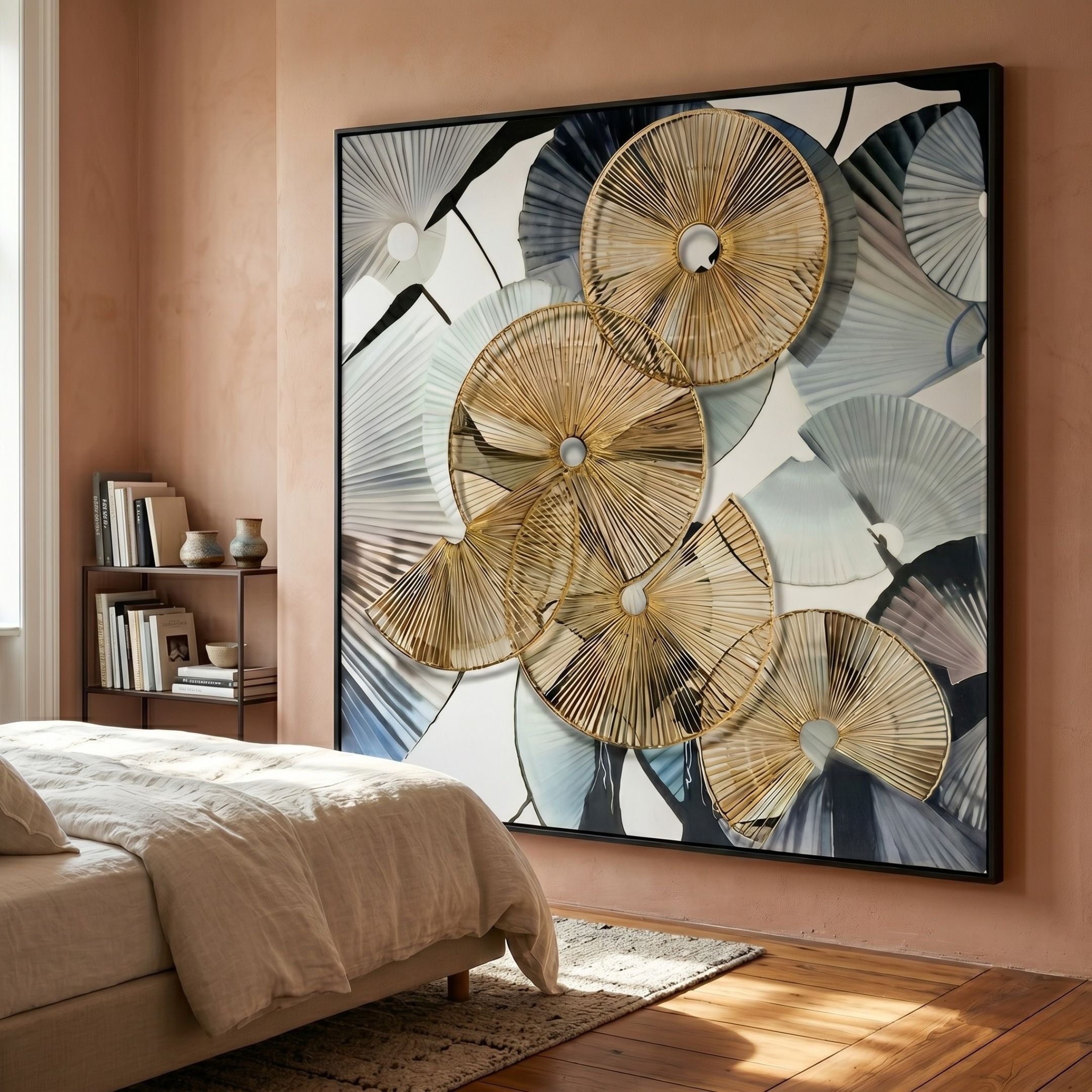Fanora II Golden Woven Cluster Rope 3D Wall Art by Giant Sculptures displayed in a peach bedroom beside a linen bed and book-filled shelf.