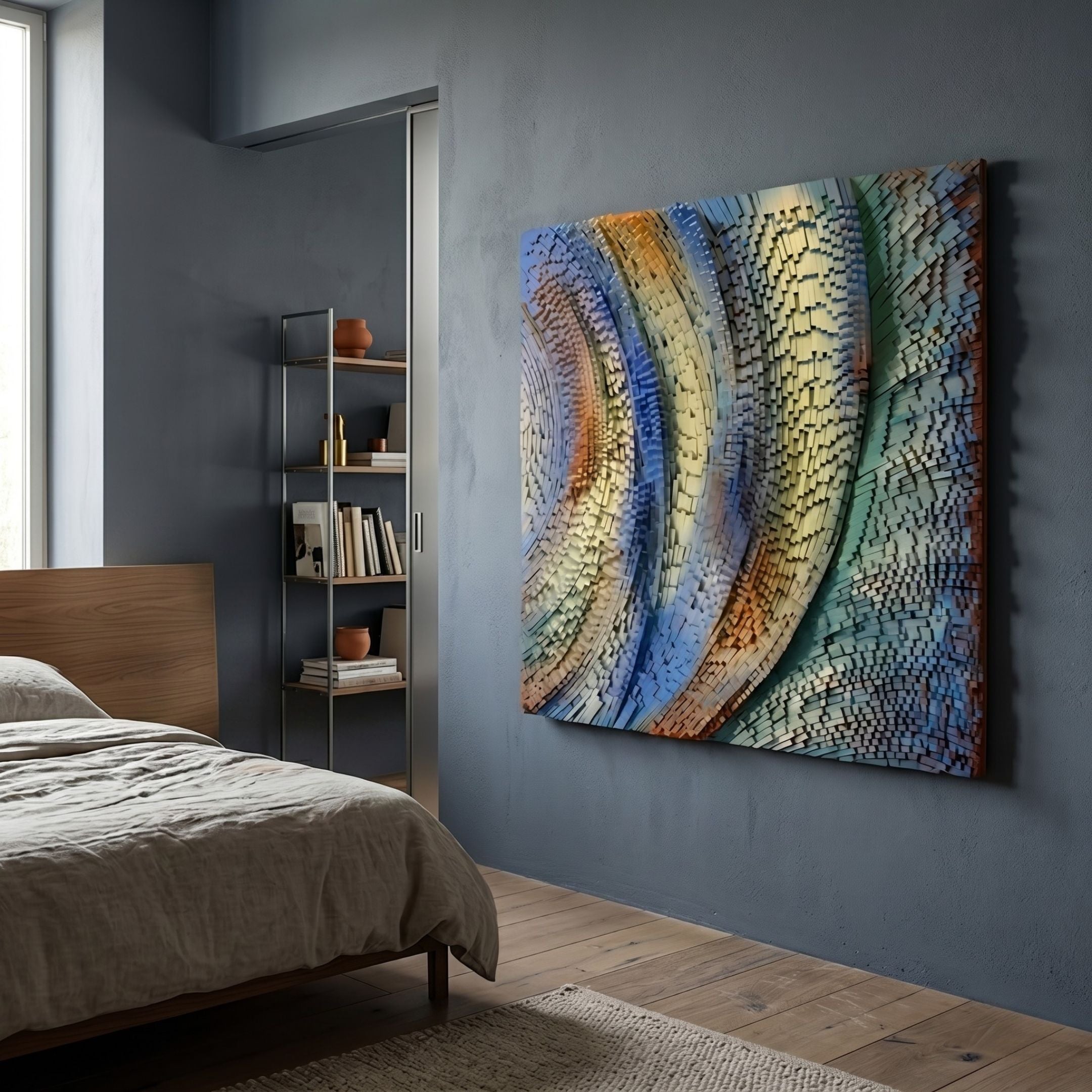 Stravura Multicolour Ripple Stream 3D Wall Art by Giant Sculptures, with blue, beige, and orange tiled swirls, displayed on a grey bedroom wall beside a shelf.