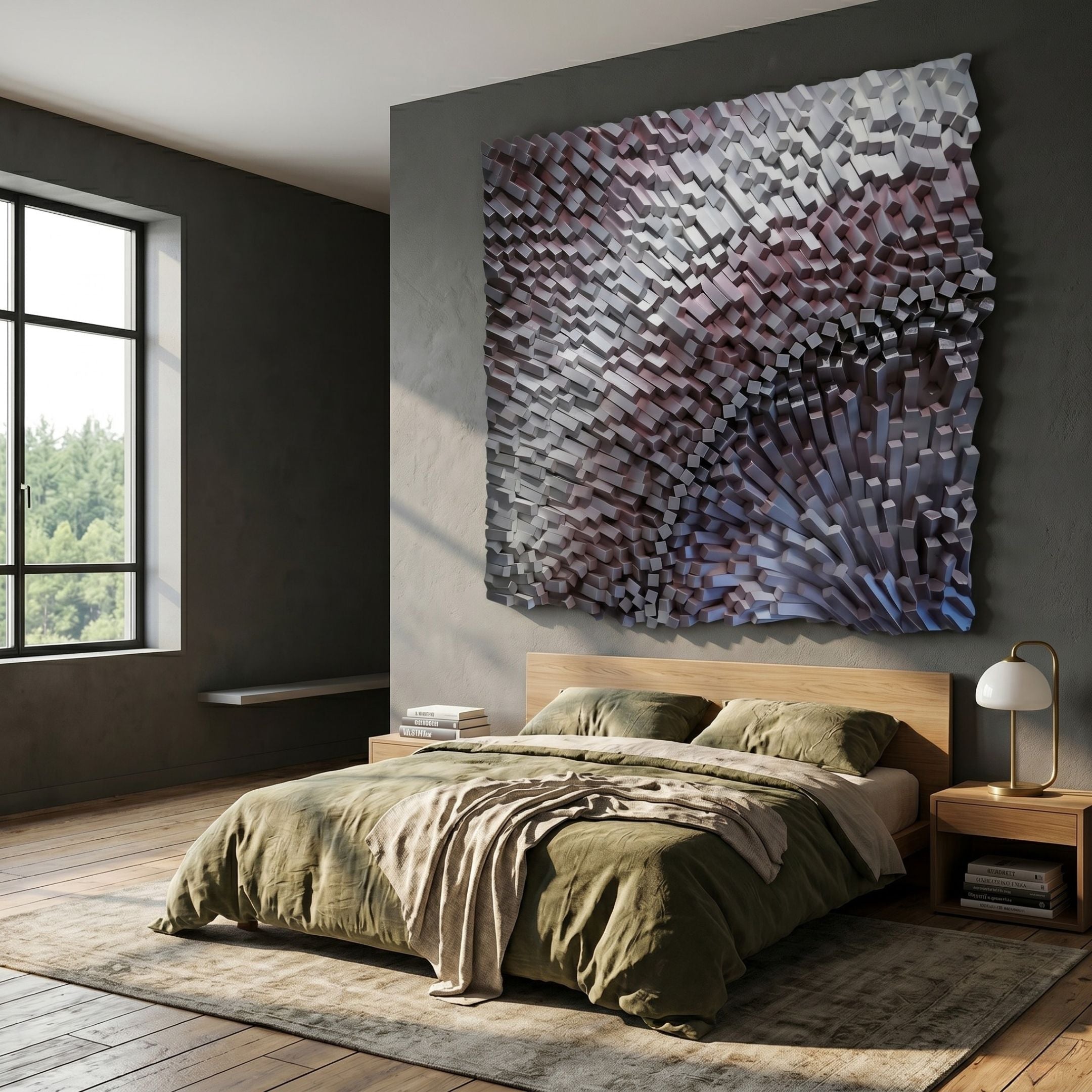 Stravura Silver & Plum Radiance 3D Wall Art by Giant Sculptures, a square block-built metallic relief in grey and plum, mounted above a bed with olive linens.