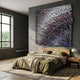 Stravura Silver & Plum Radiance 3D Wall Art by Giant Sculptures, a square block-built metallic relief in grey and plum, mounted above a bed with olive linens.