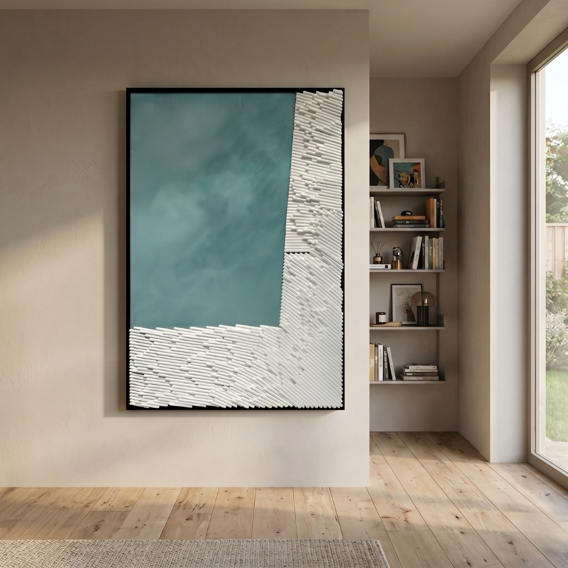 Cartura Teal & White Angled Fold Paper 3D Wall Art with teal gradient and white cylindrical paper border, displayed in a minimalist hallway beside bookshelves.