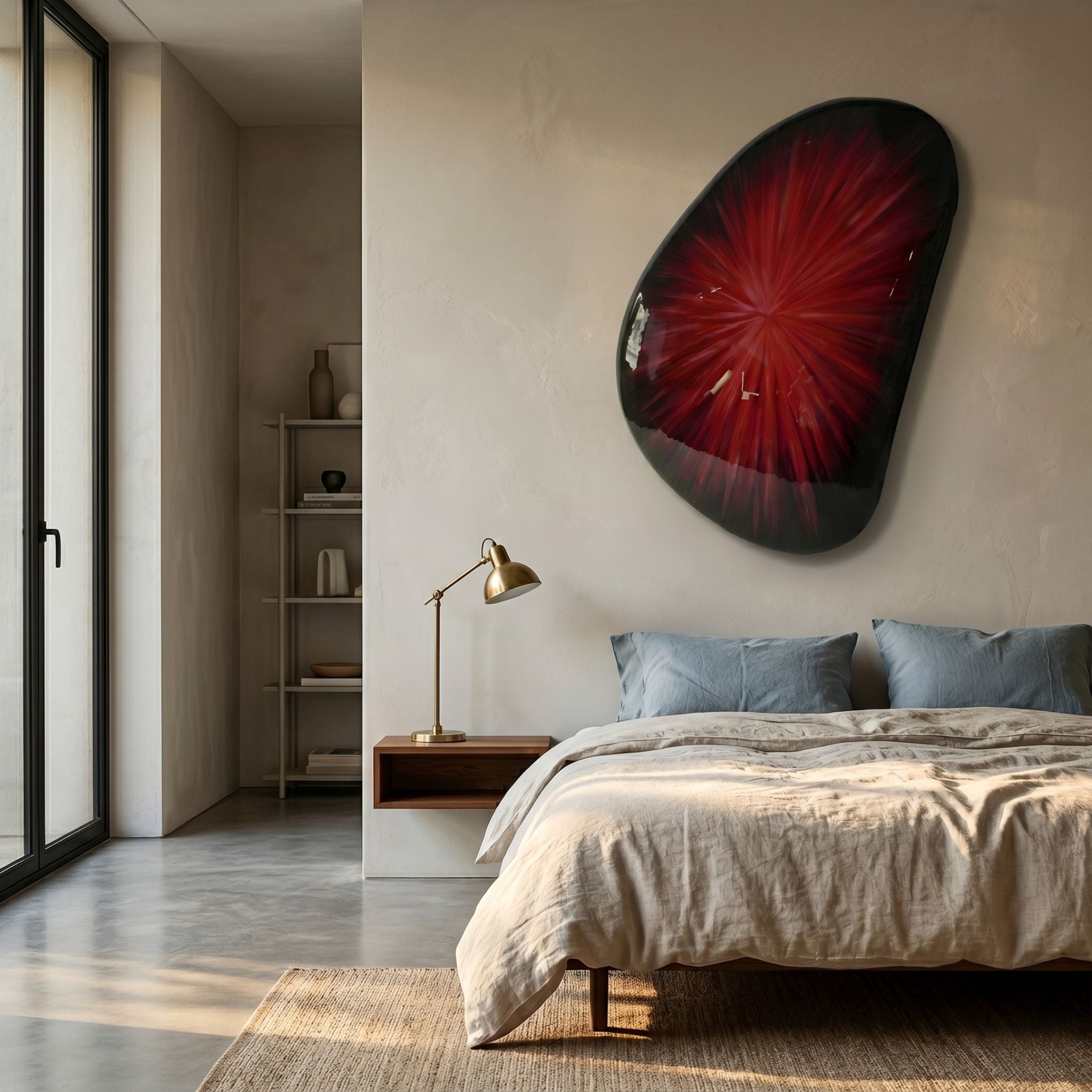 Veyora Crimson Spark 3D Relief Wall Art by Giant Sculptures mounted above a bed with blue pillows, brass lamp, and walnut nightstand in a modern bedroom.