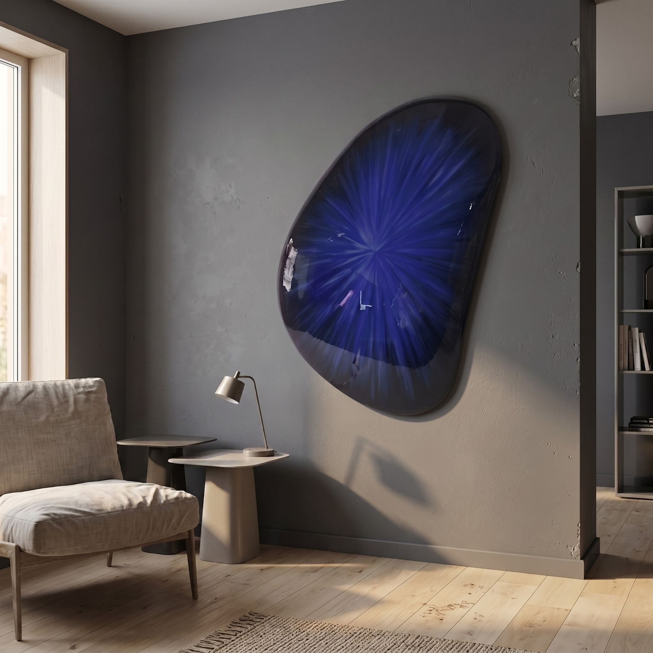 Veyora Midnight Blue 3D Relief Wall Art mounted on a grey wall in a modern living room above a beige armchair, side table, and small lamp.